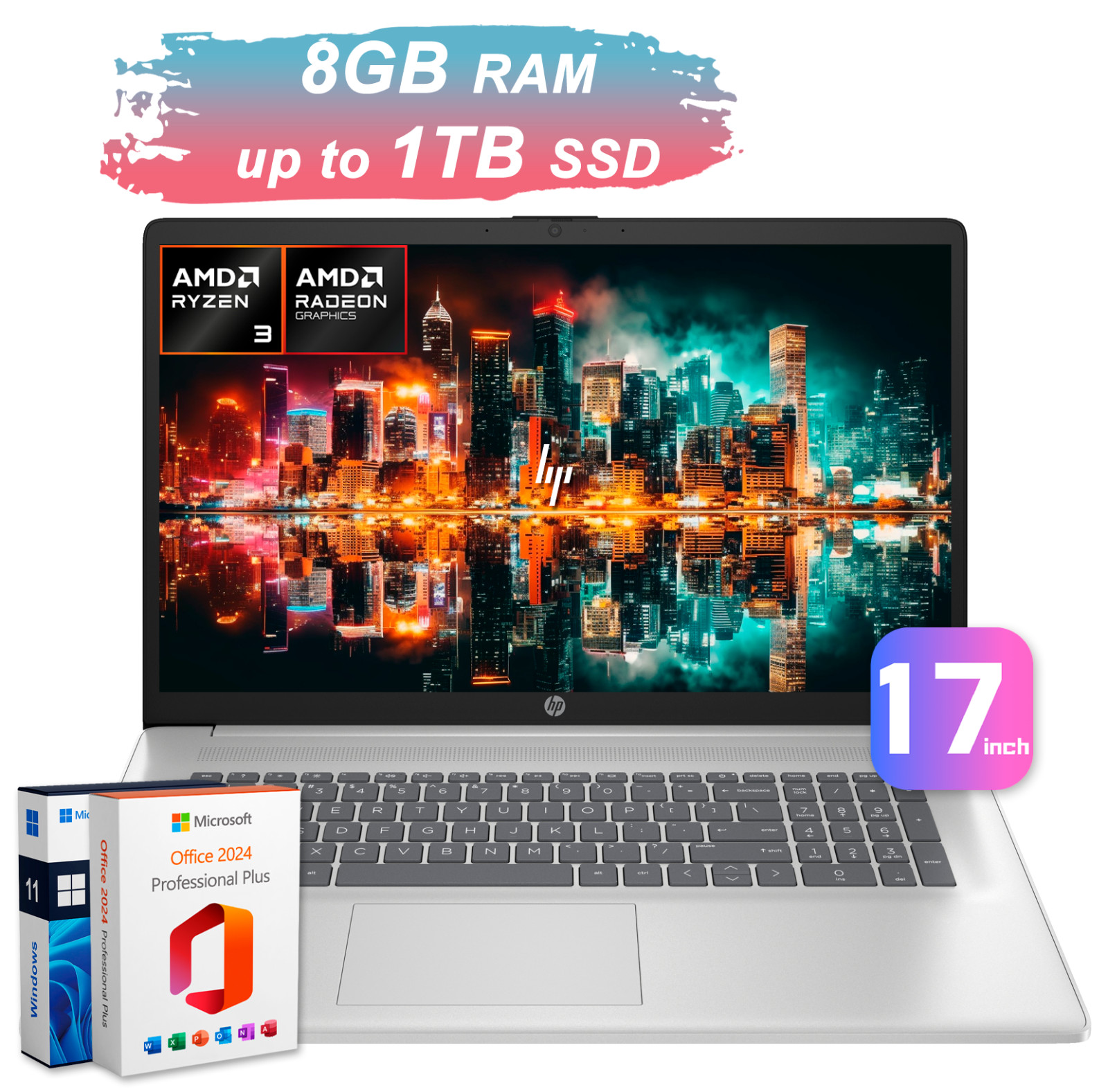 HP Laptop Computer HD+ 17.3" Office 4-Core Ryzen 3 7320U 8GB RAM & Up to 1TB SSD