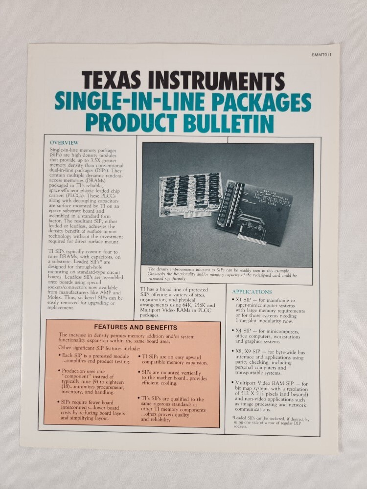 Texas Instruments Single-In-Line Packages Product Bulletin (SMMT011) 1986