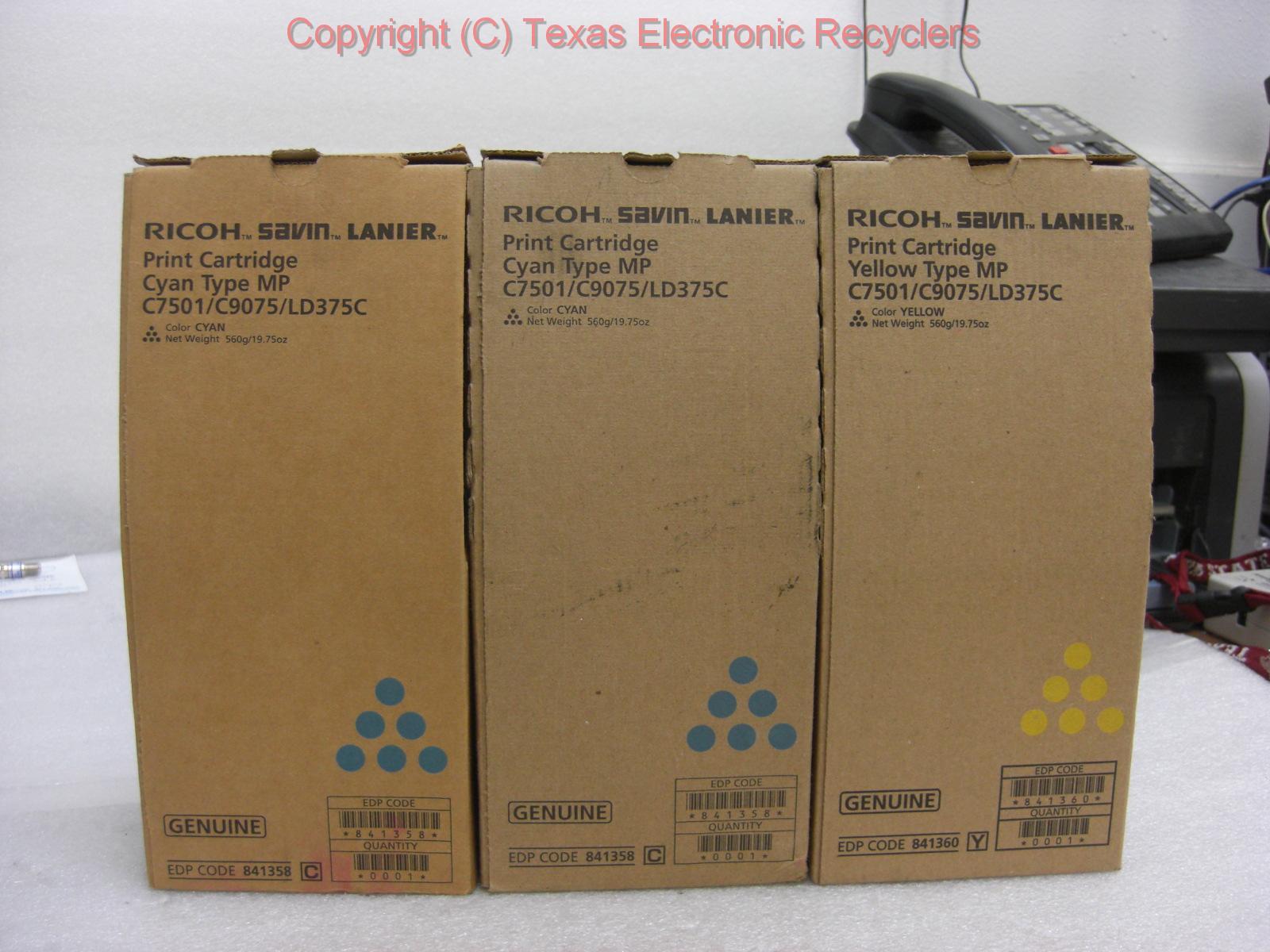 LOT OF THREE Richo Print Cartridges 2x- 841358 1x- 841360 for c7501/c9075/ld375c