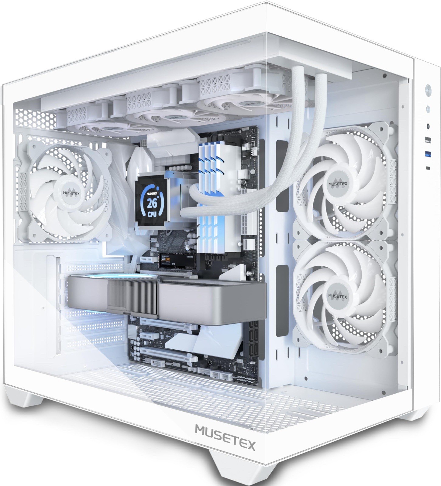 MUSETEX ATX PC Case, 360MM RAD Support, 3 x 120mm Non-ARGB Fans White 