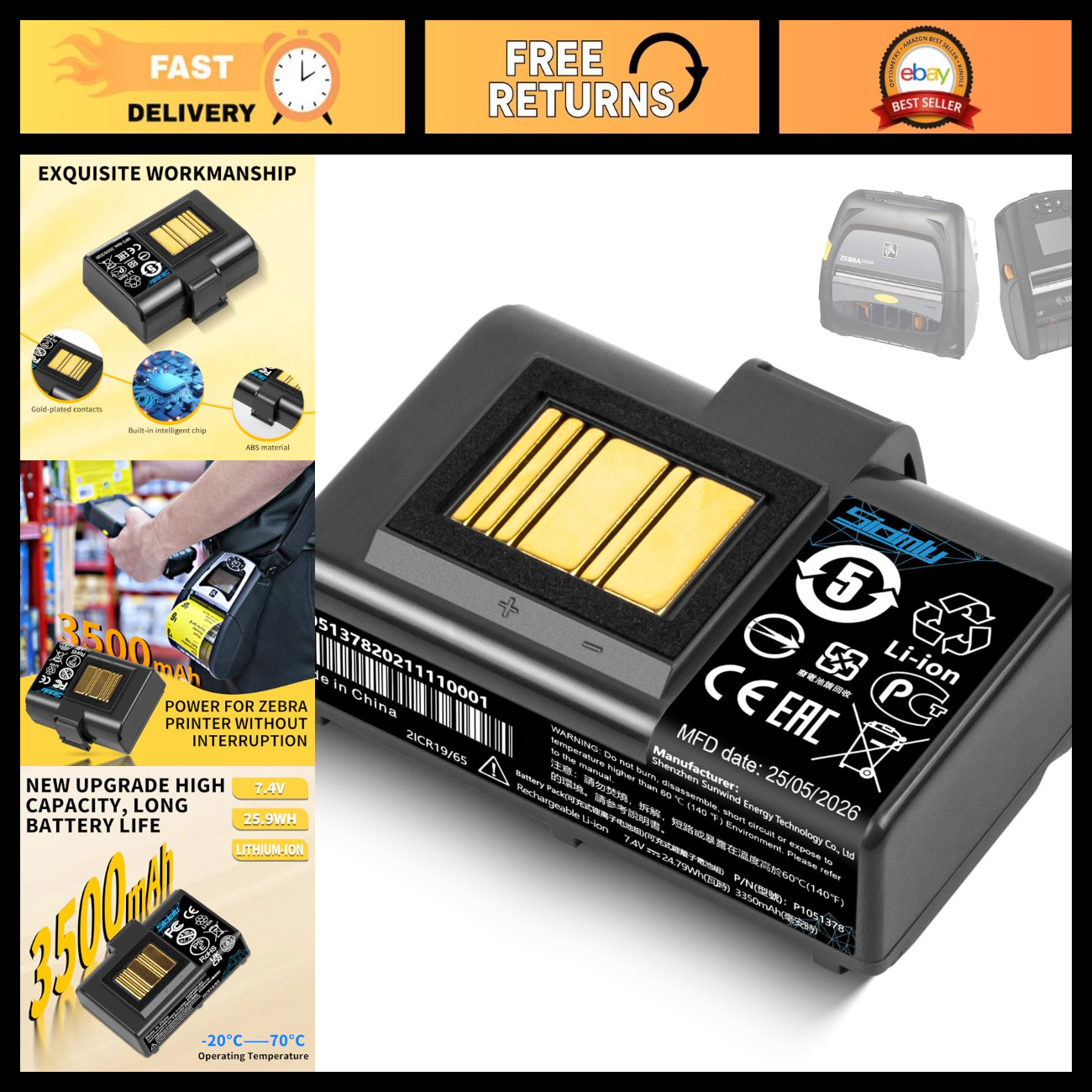 3500mAh Battery Replacement for Zebra Mobile Printer ZQ520 ZQ620 - High Capacity