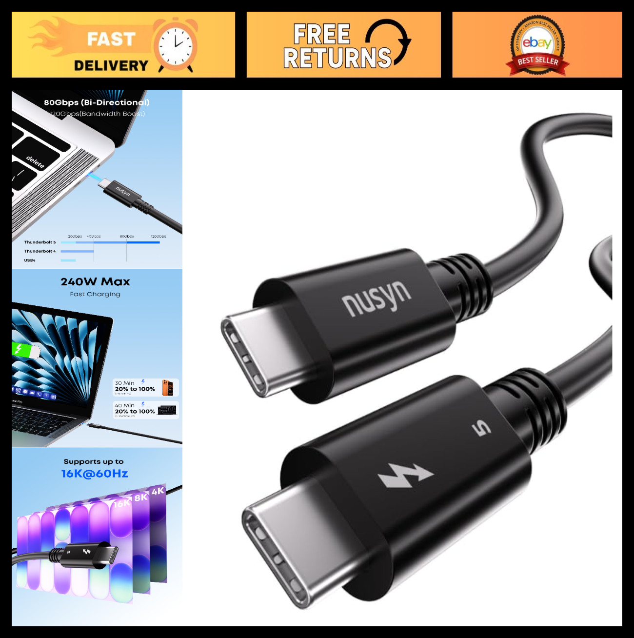 High-Speed Thunderbolt 5 Cable 3.3FT, 240W Fast Charge, 120Gbps, 16K/8K Display,