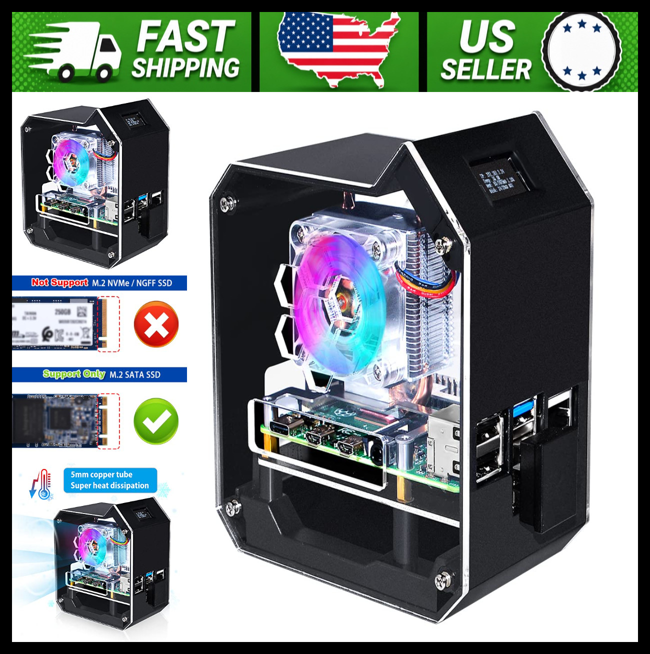GeeekPi Raspberry Pi Mini Tower NAS Kit, M.2 SATA SSD Board, RGB Cooler
