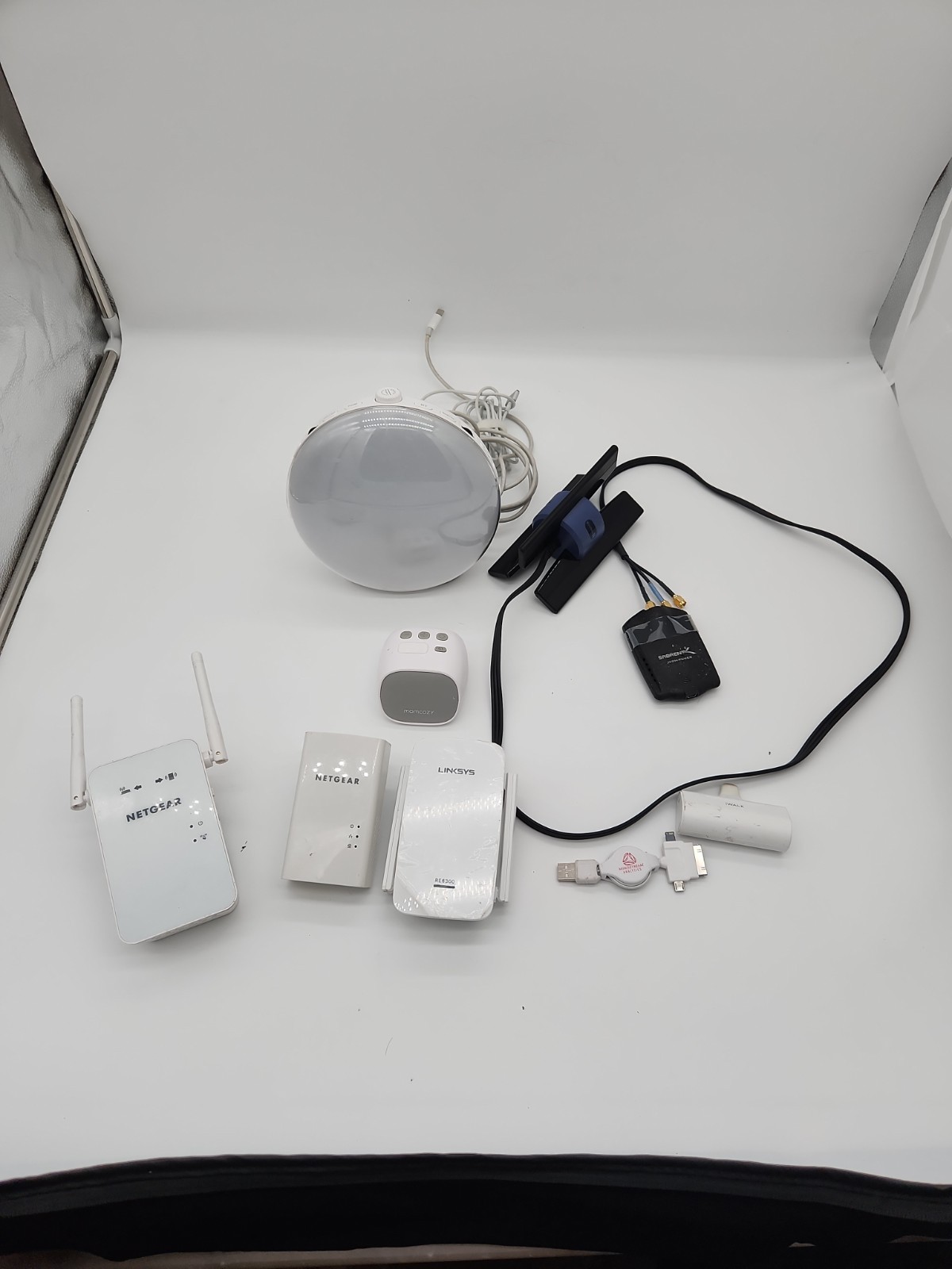 Electronics Lot: NETGEAR Linksys WiFi Extenders Powerline Alarm Clock Sabrent &