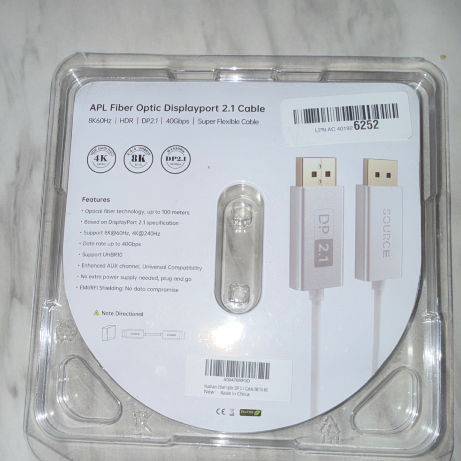 APL DisplayPort 2.1 Fiber Optic Cable 16ft White 8K/60Hz HDR 40Gbps
