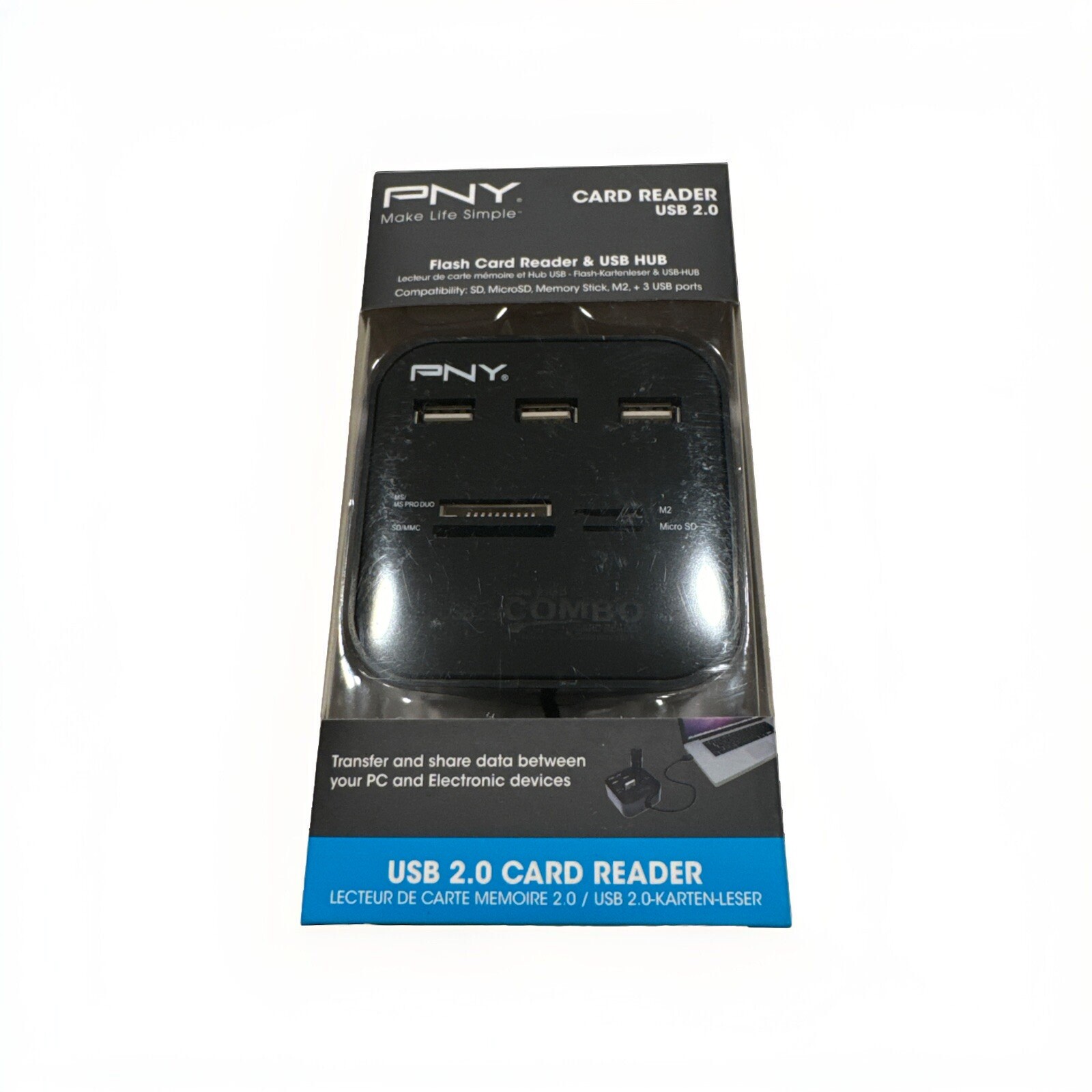 PNY USB 2.0 Flash Card Reader & USB Hub. SD, Micro SD, M2, 3 USB ports 