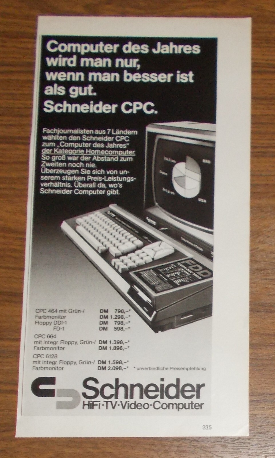 Rare Advertising Schneider CPC 464 664 6128 Computer of the Year 1986