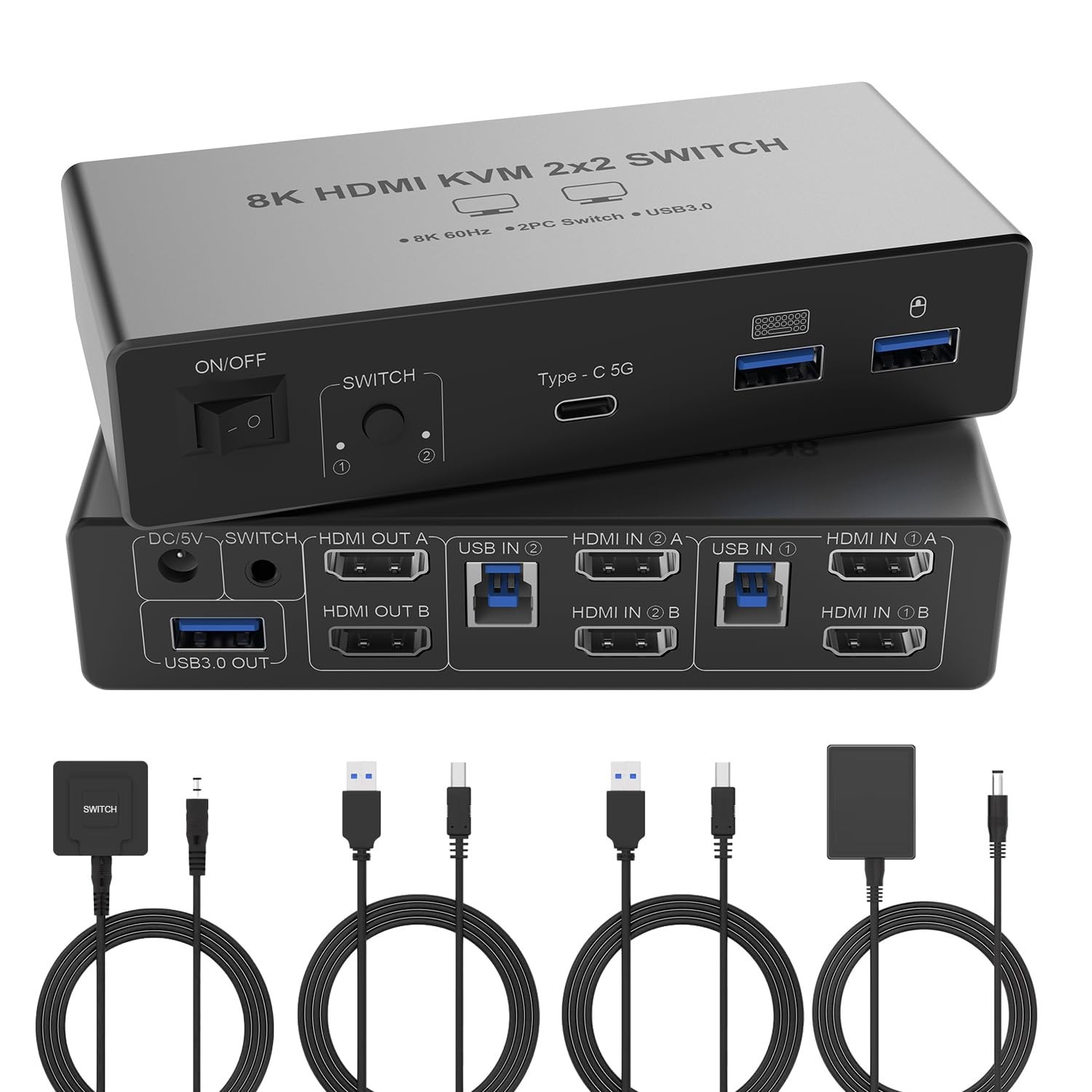 8K@60Hz HDMI KVM Switch 2 Monitors 2 Computers, Aluminum with 4 USB 3.0 Ports fo