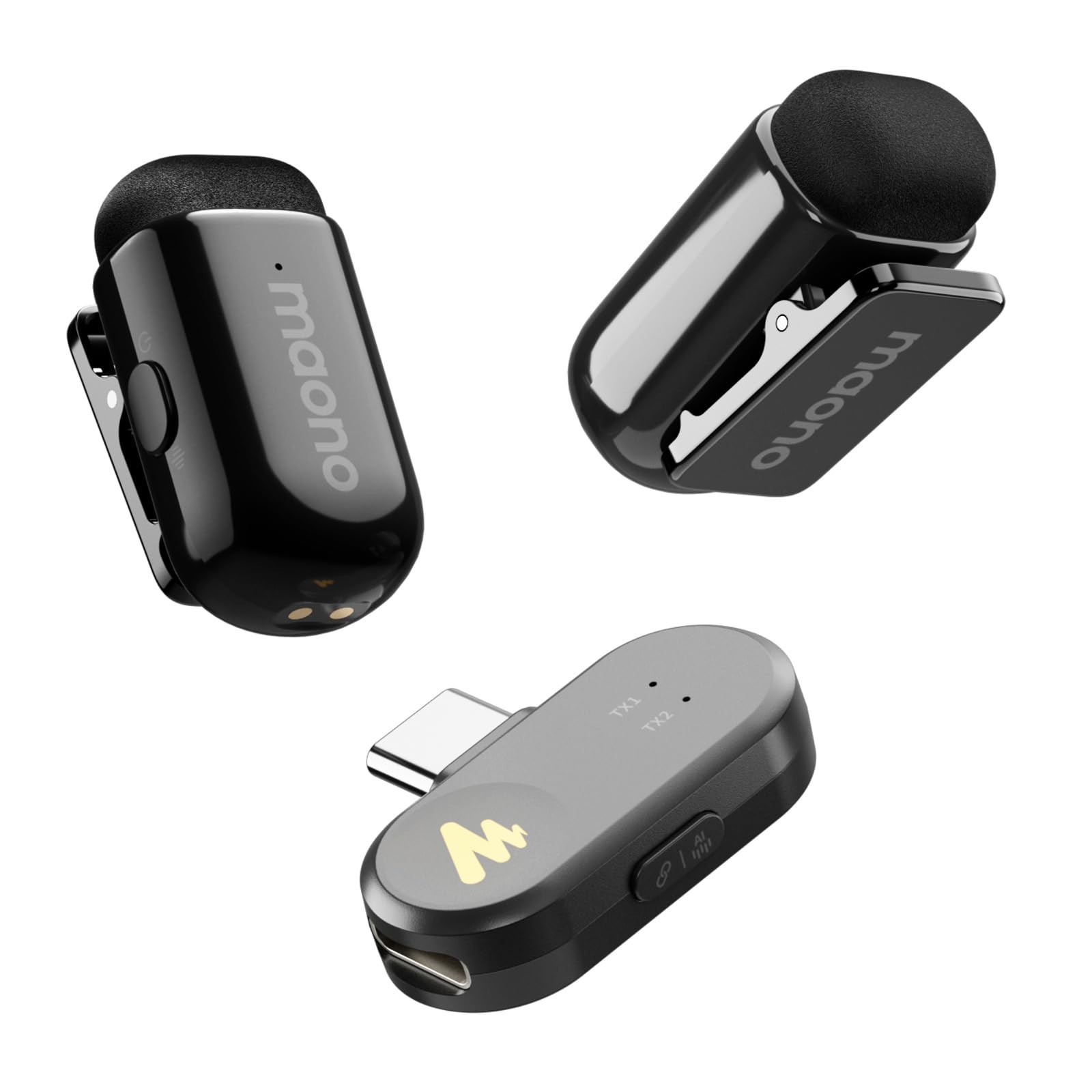 MAONO Wave T1 Mini Wireless Lavalier Microphone for iPhone 17 16 Mini, Black