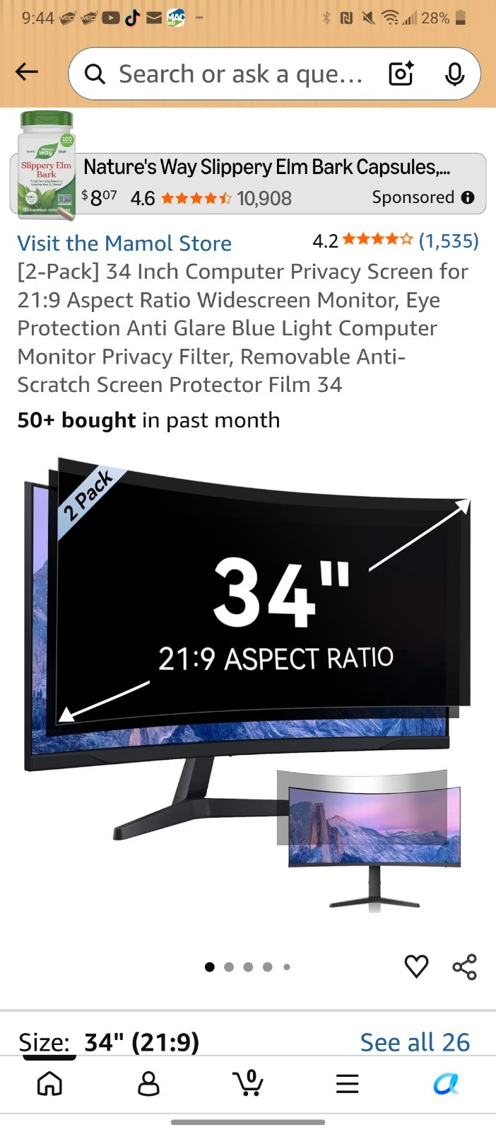 AMO 34" Privacy Screen Filter - Black  1 Pack)