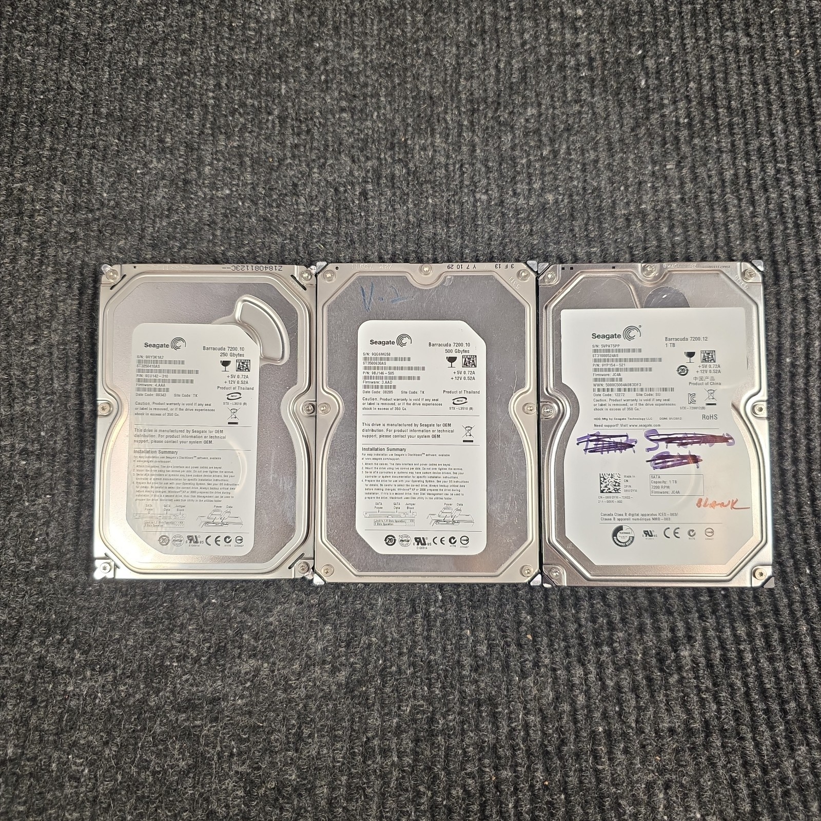 3 Seagate Hard Drives: ST3250410AS-.25TB; ST3500630AS-.5TB; ST31000524AS-1TB