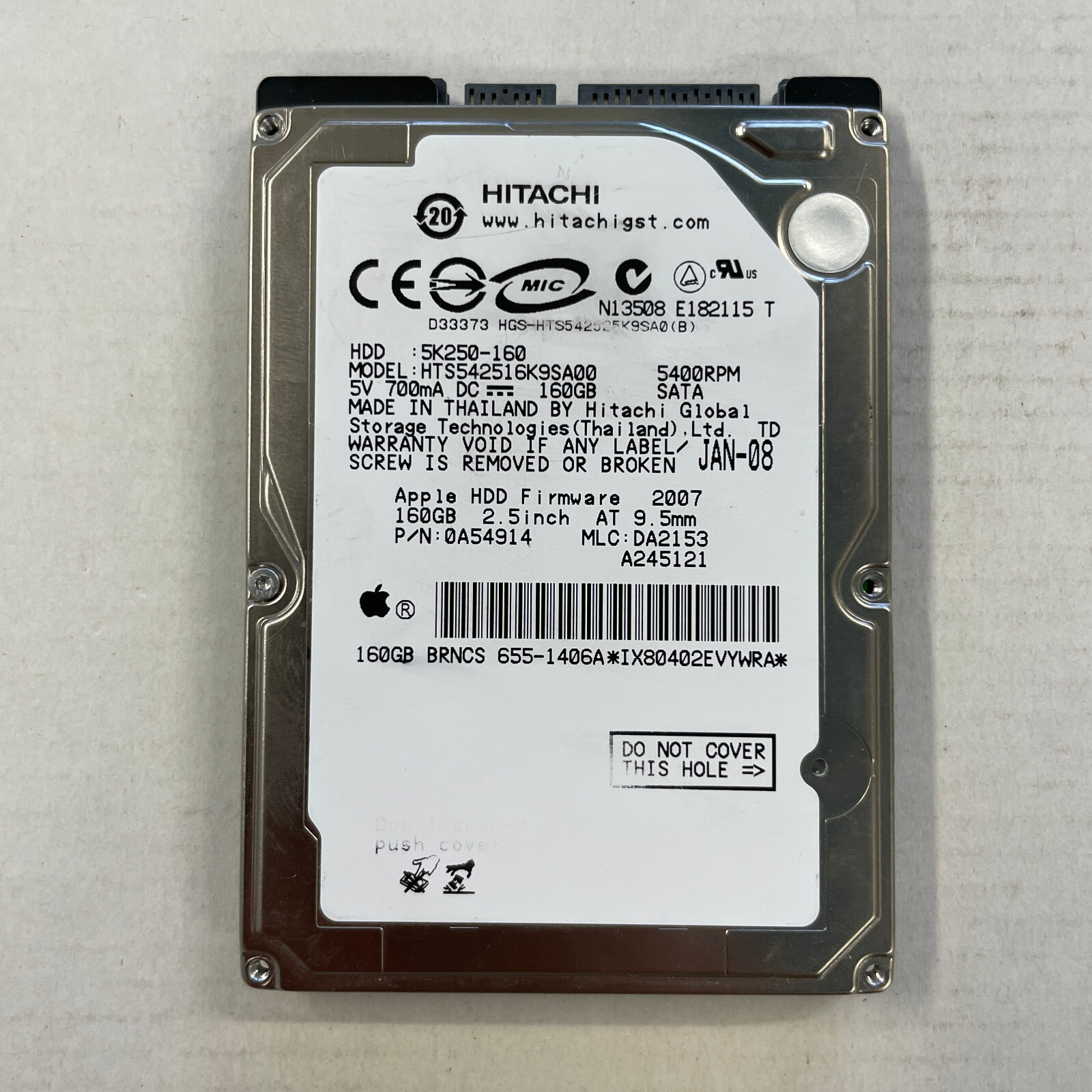 Hitachi 5K250 160GB 2.5" SATA HDD 5400RPM 1.5GBs HTS542516K9SA00 Apple 655-1406A