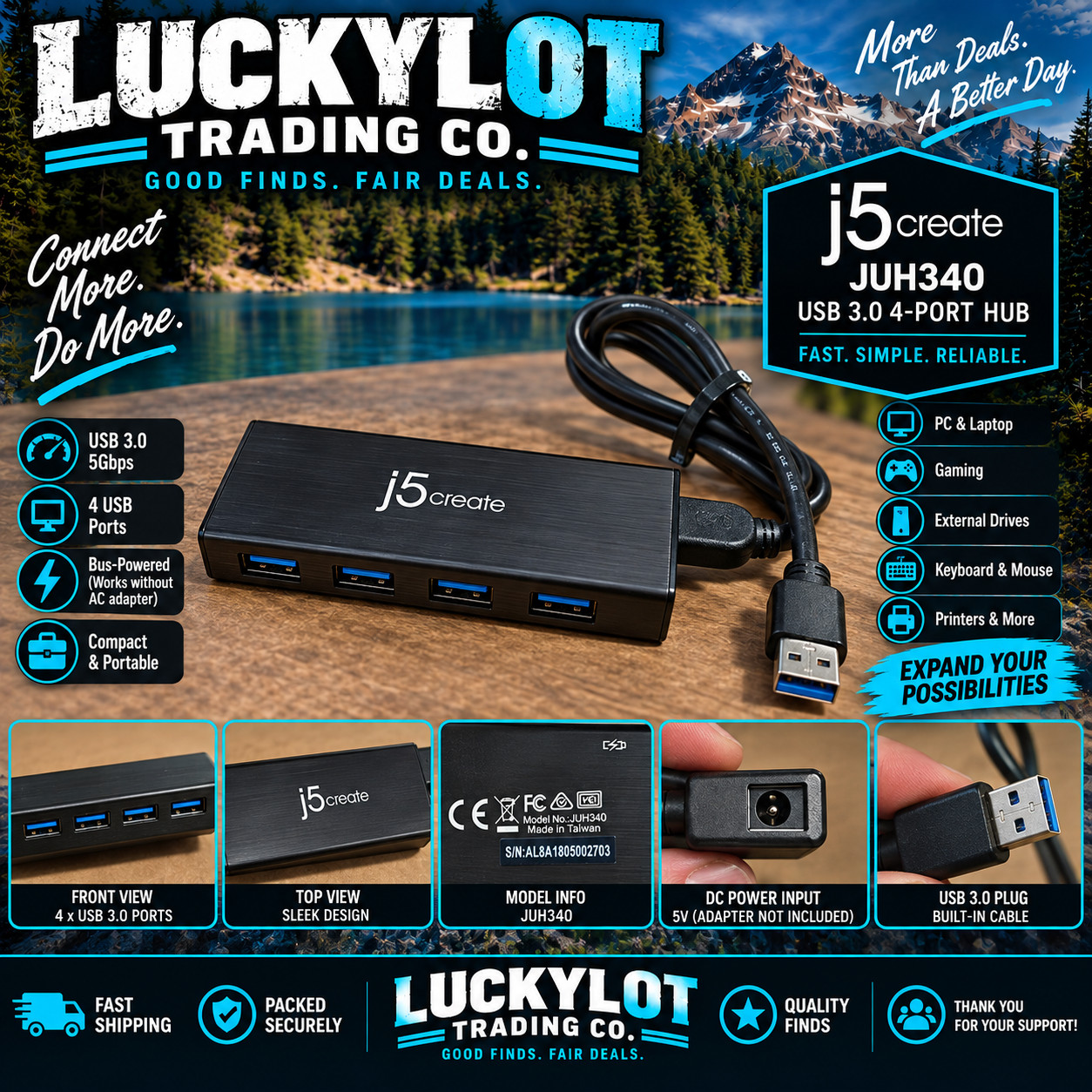 j5create JUH340 USB 3.0 4-Port Powered Hub 5Gbps Black - No AC Adapter