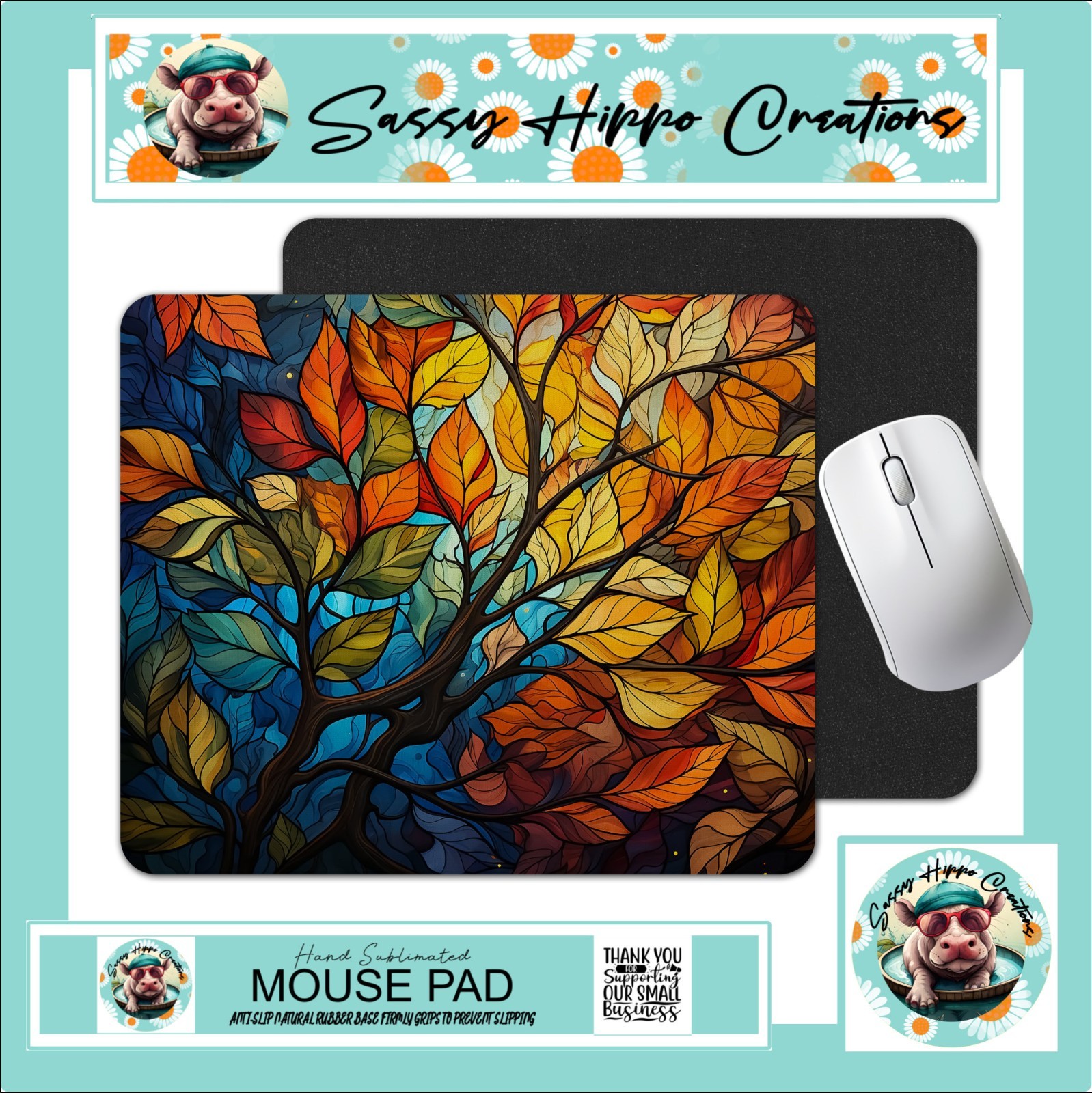 Mouse Pad Autumn Leaves Stained Glass Fall Abstract Anti Slip Back Easy Clean