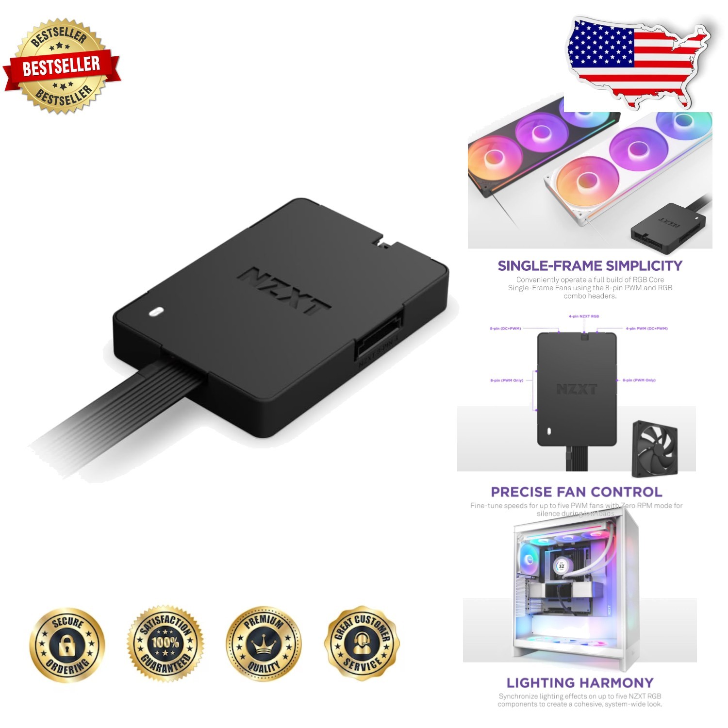 Digital RGB PWM Fan Controller Hub NZXT CAM Software 5x PWM 4x Single-Frame
