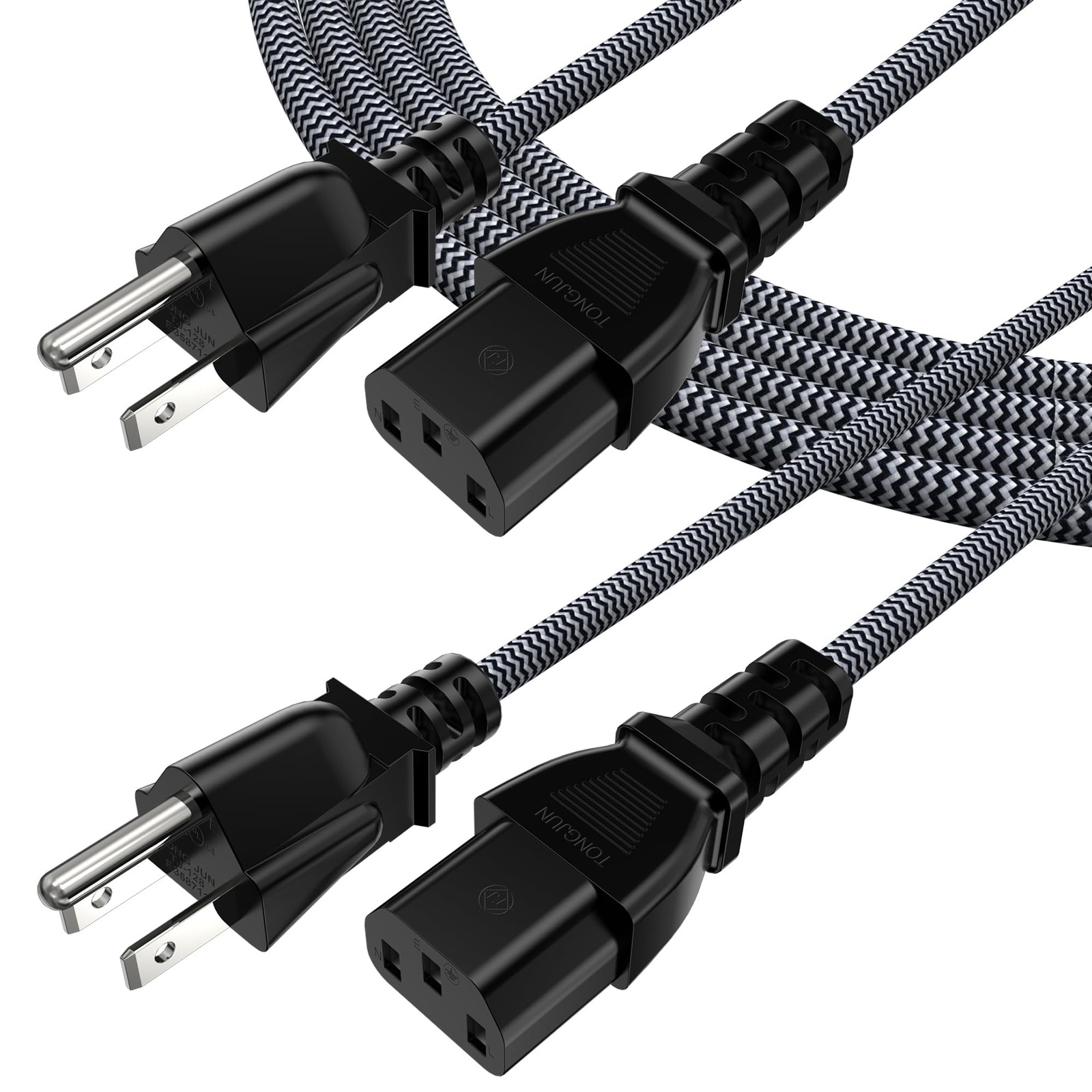 2 PCS 15FT Computer Power Cord 3 Prong Braided Cable NEMA 515P To IEC13 18AWG