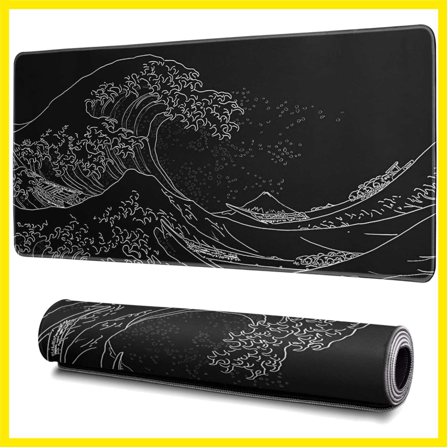 Japanese Gaming Mouse Pad Abstract Black Mouse Pad 31.5x11.8 Inch Black Sea W...