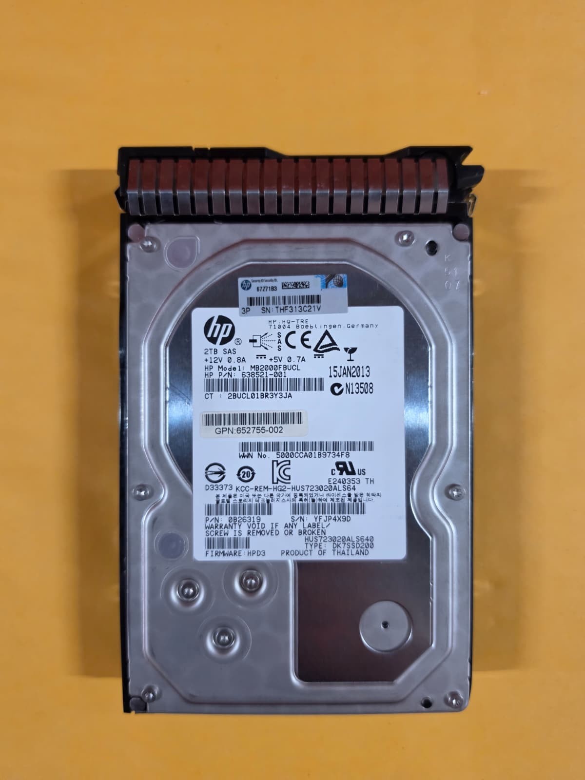 HP 638521-001 MB2000FBUCL 0B26319 2TB 7.2K RPM Cache 16MB 6Gb/s SAS 3.5" HDD