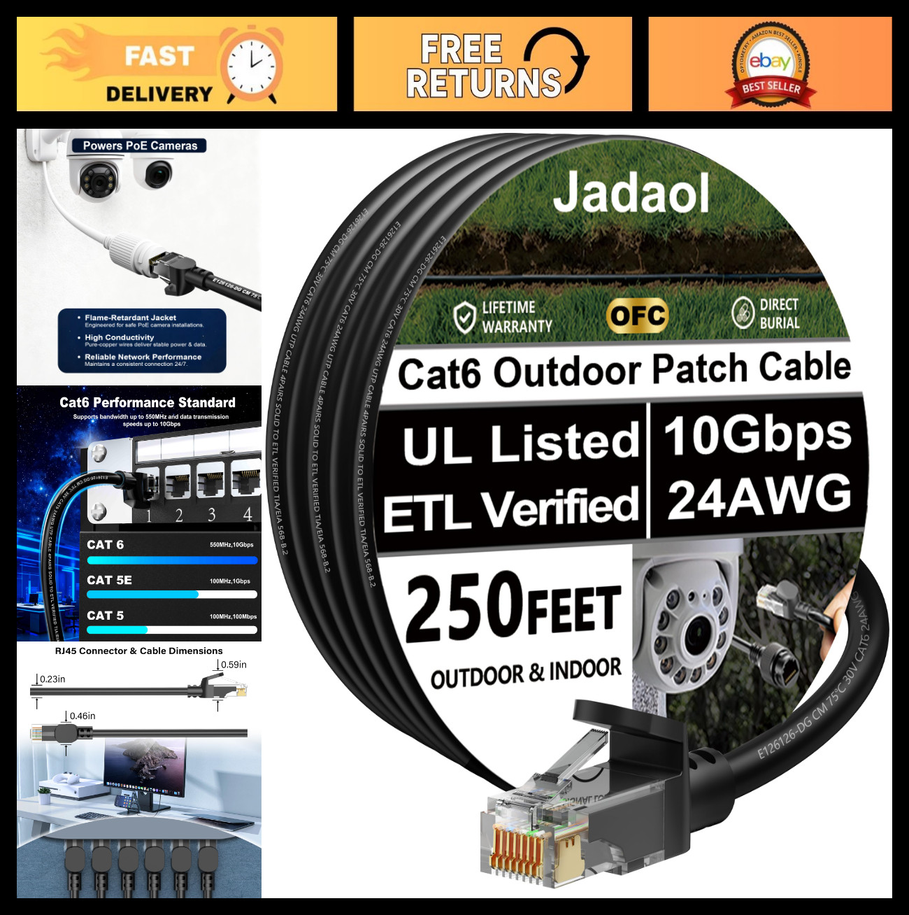 250ft Cat6 Outdoor Ethernet Cable, 10Gbps, Heavy Duty, Waterproof, UV Resistant,