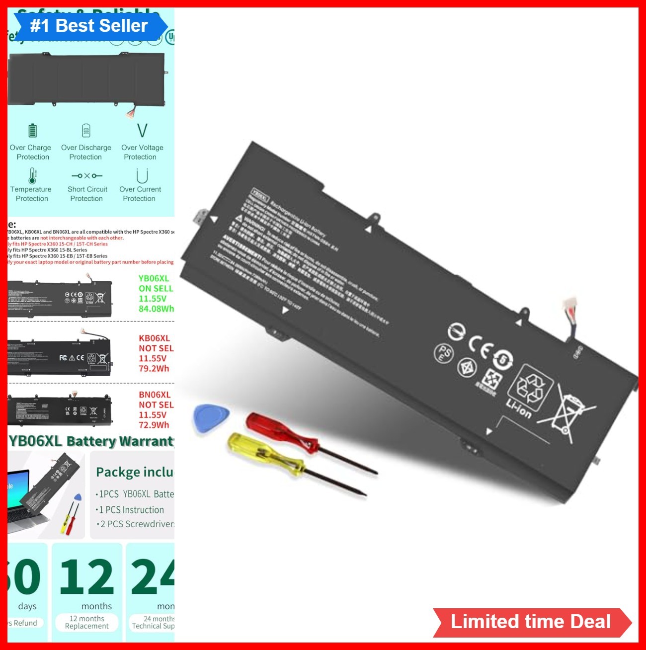 Laptop Battery 11.55V 84.08Wh 6 Cell Lithium Polymer for HP Spectre X360 15-CH