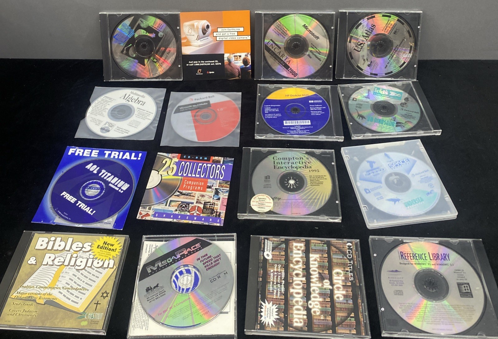 VINTAGE PC  CDROM DISCS LEARNING BIBLES ENCYCLOPEDIA ATLAS RACING LOT OF 16
