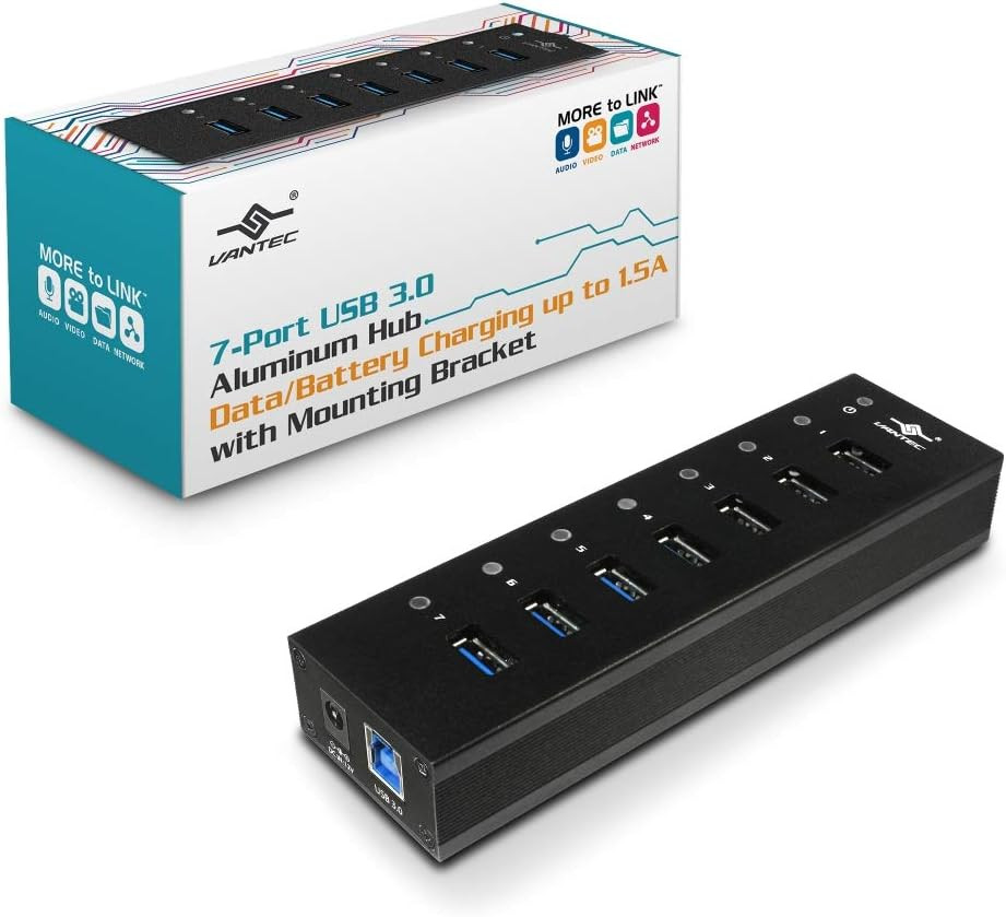 7-Port USB 3.0 Hub, Aluminum, Full Powered, Mountable, with All Ports Data & Cha