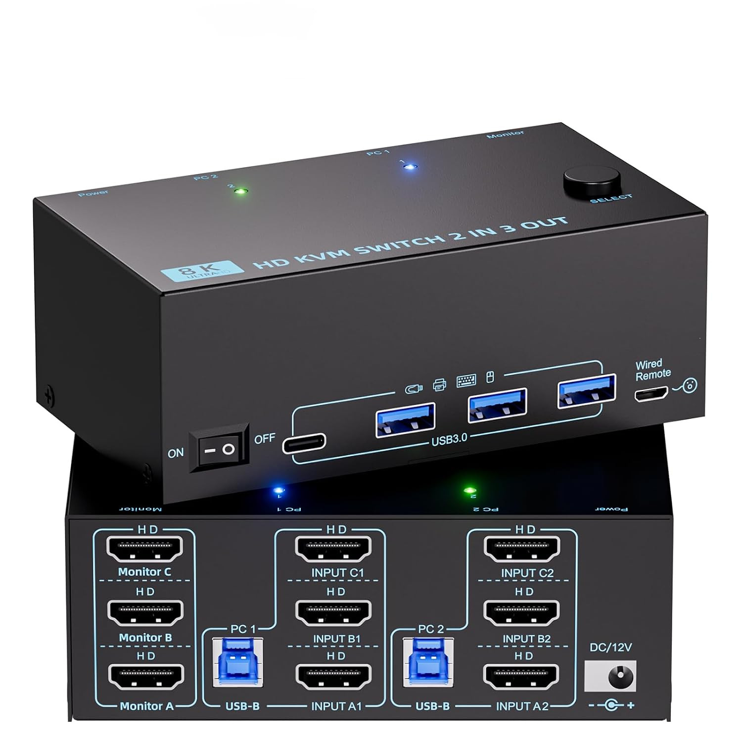 8K HDMI KVM Switch 3 Monitors 2 Computers 4K120Hz Triple Monitor KVM Switch