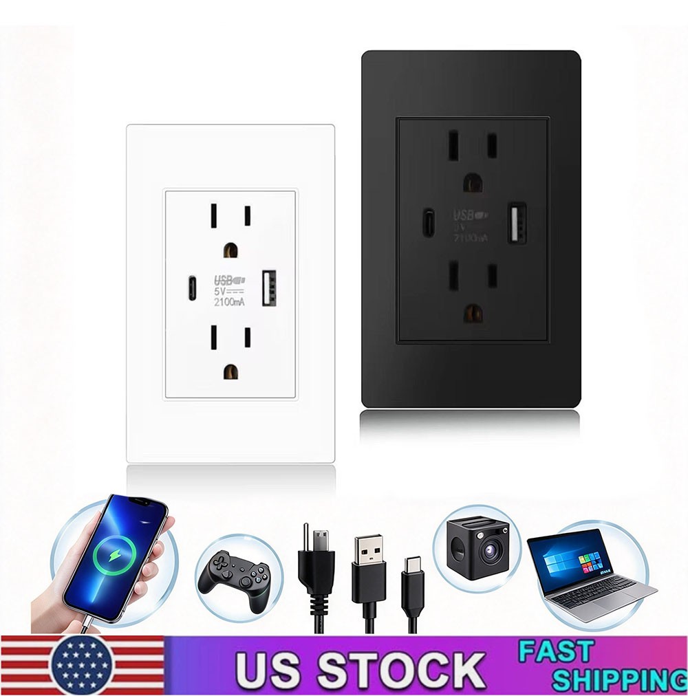 Dual Wall Outlet with USB Ports Charger AC Power Receptacle Plate Panel 15A 120V