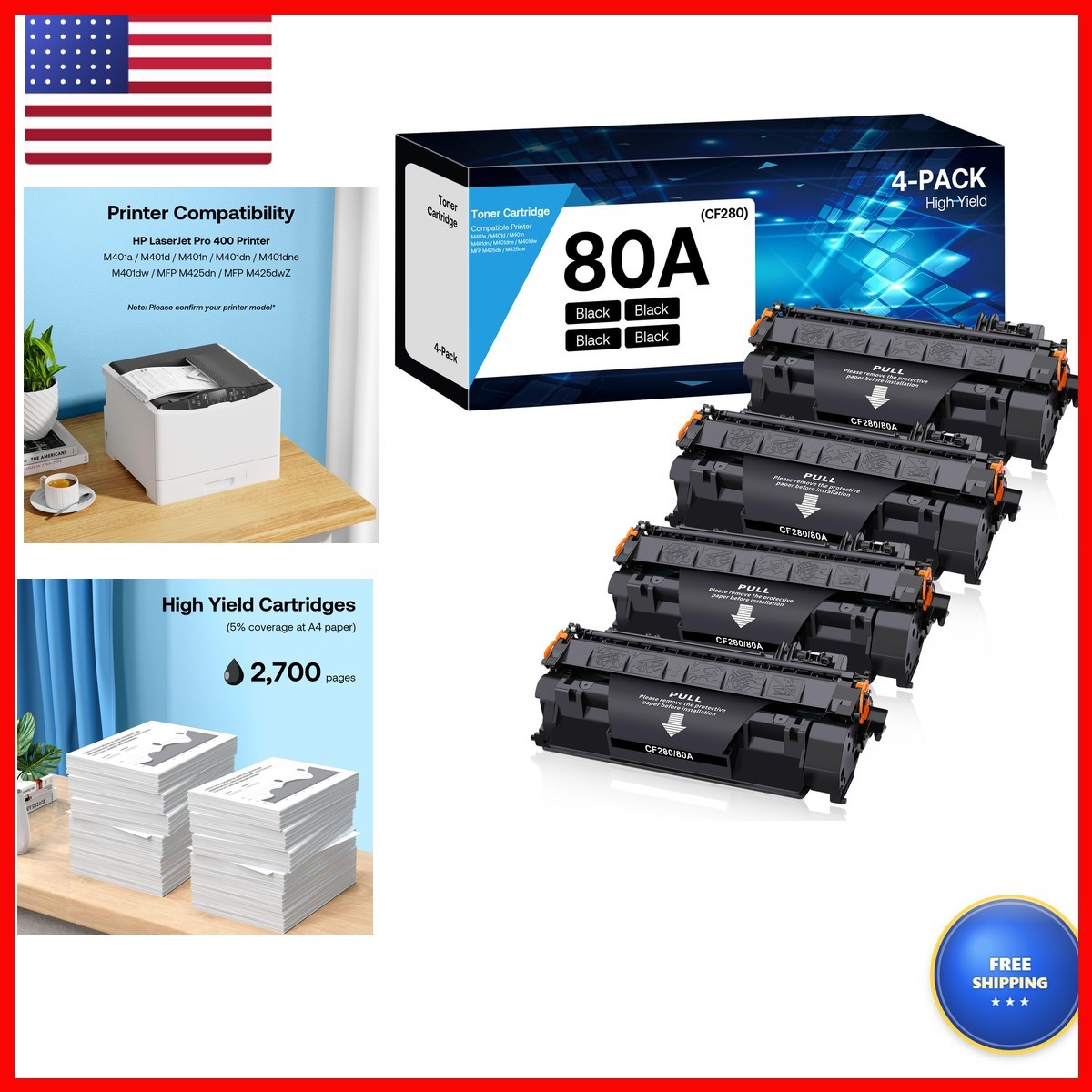 WOEBYAS 80A 80X CF280A CF280X Toner Cartridge Black 4-Pack for HP Laserjet Pro