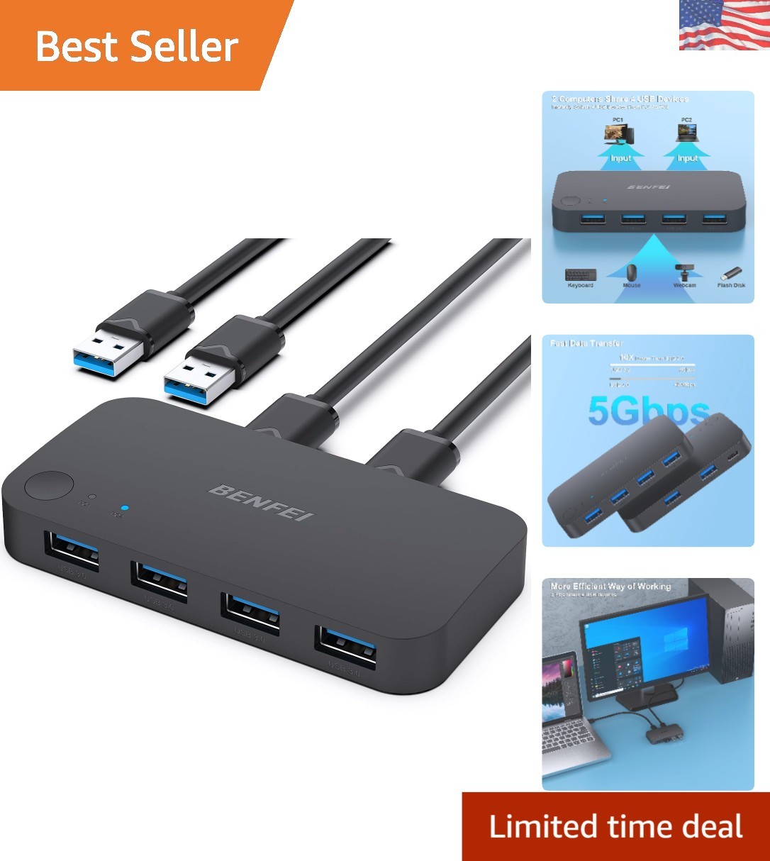 Effortless USB 3.0 Switcher for 2 Computers - 4 USB Devices, 18-