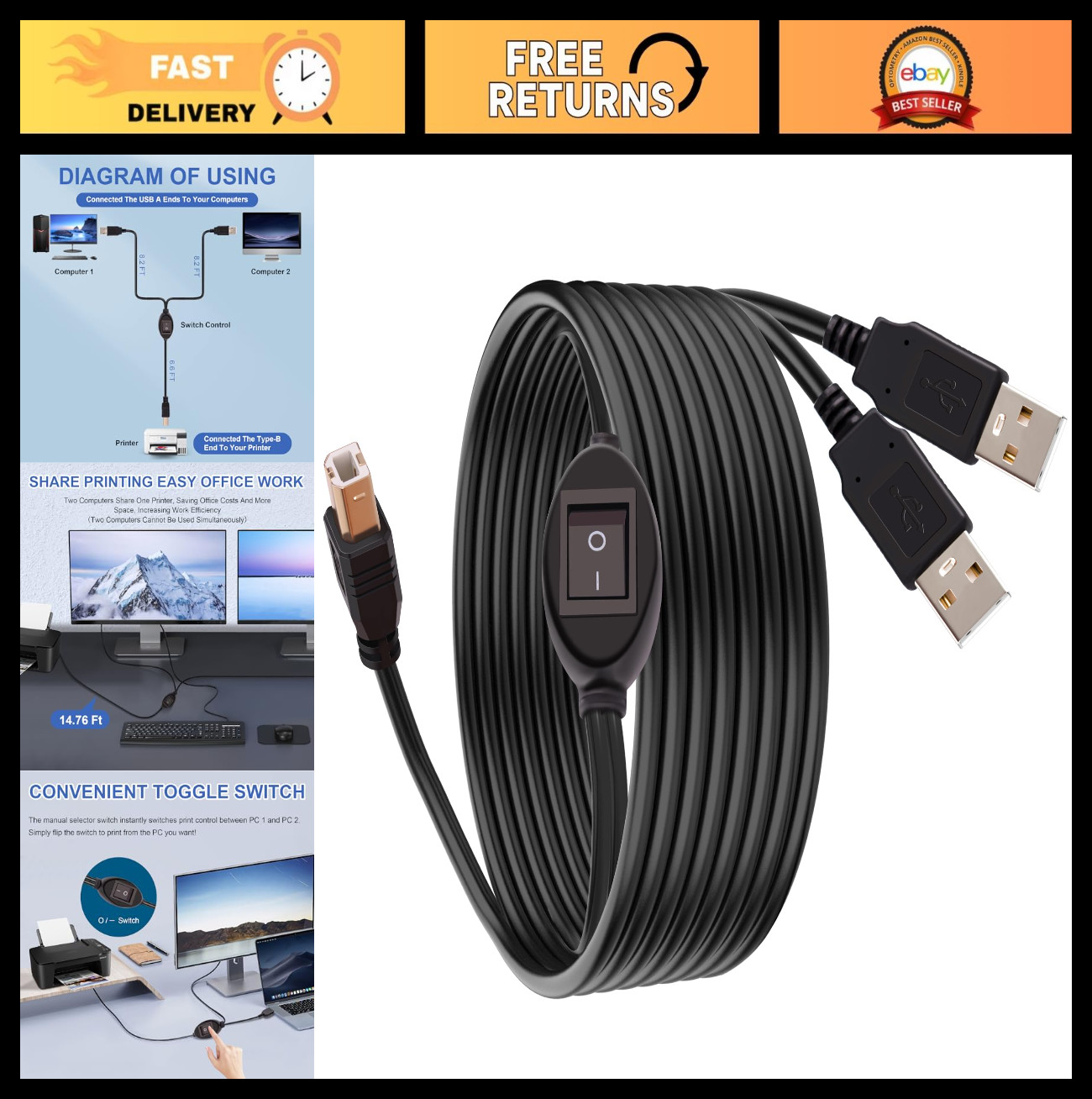 2-in-1 USB Printer Cable Splitter, Dual USB A for 2 Computers, Manual Switch, 14