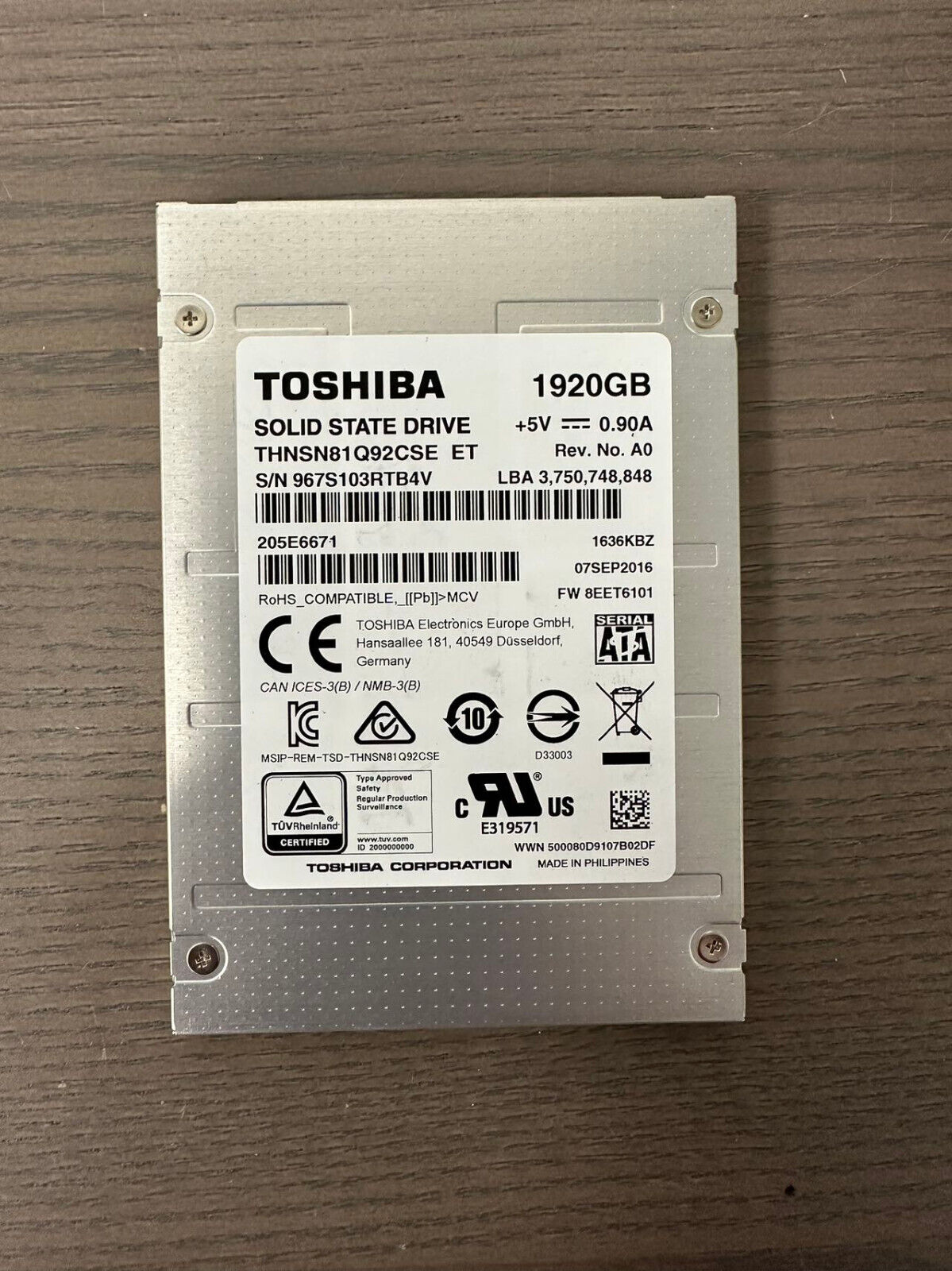 Enterprise SSD Solid State Drive THNSN81Q92CSE Toshiba 1.92TB SATA 6Gb/s 2.5