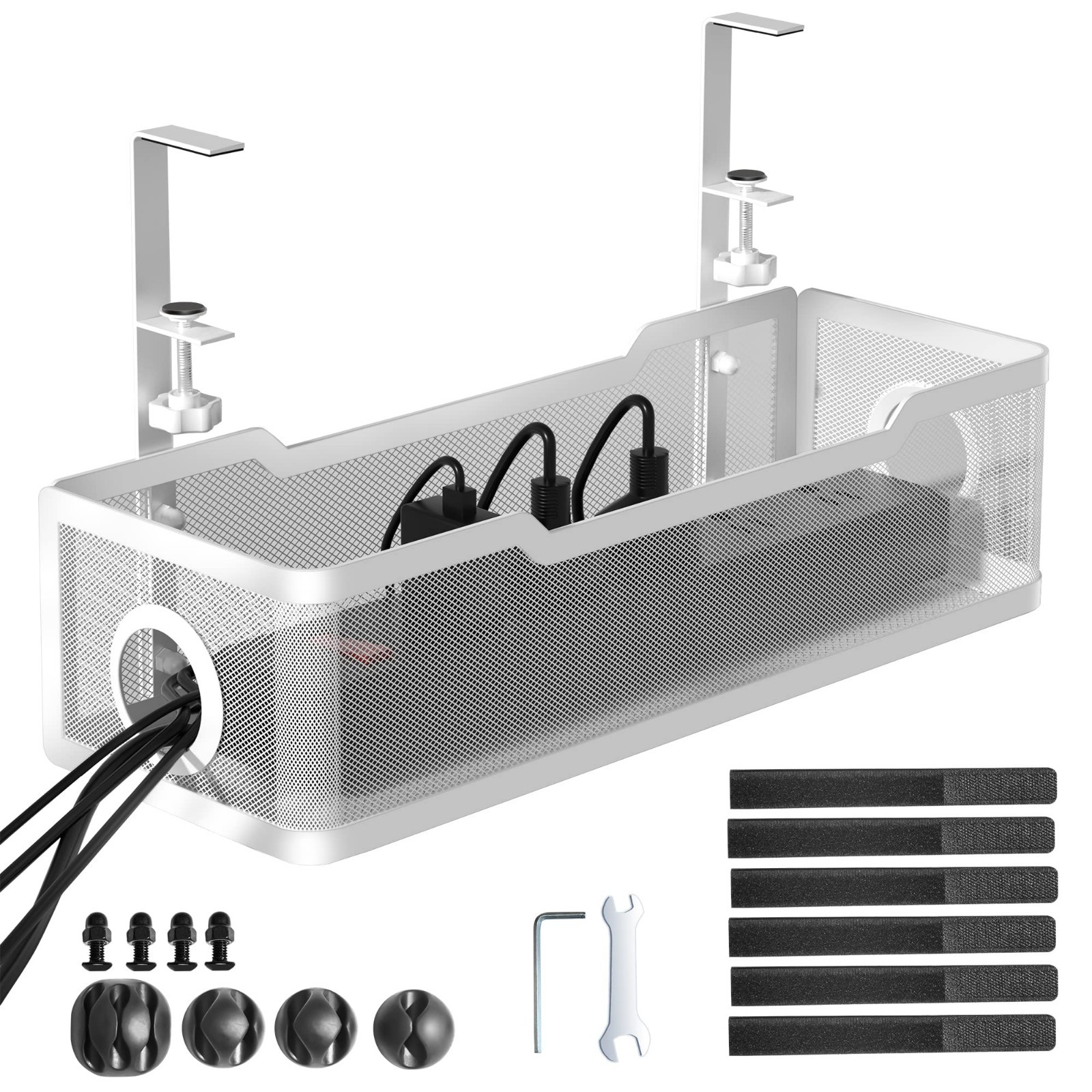Under Desk Cable Management Tray - 13.4" Metal Cord Organizer, White, Tidy Up Ca