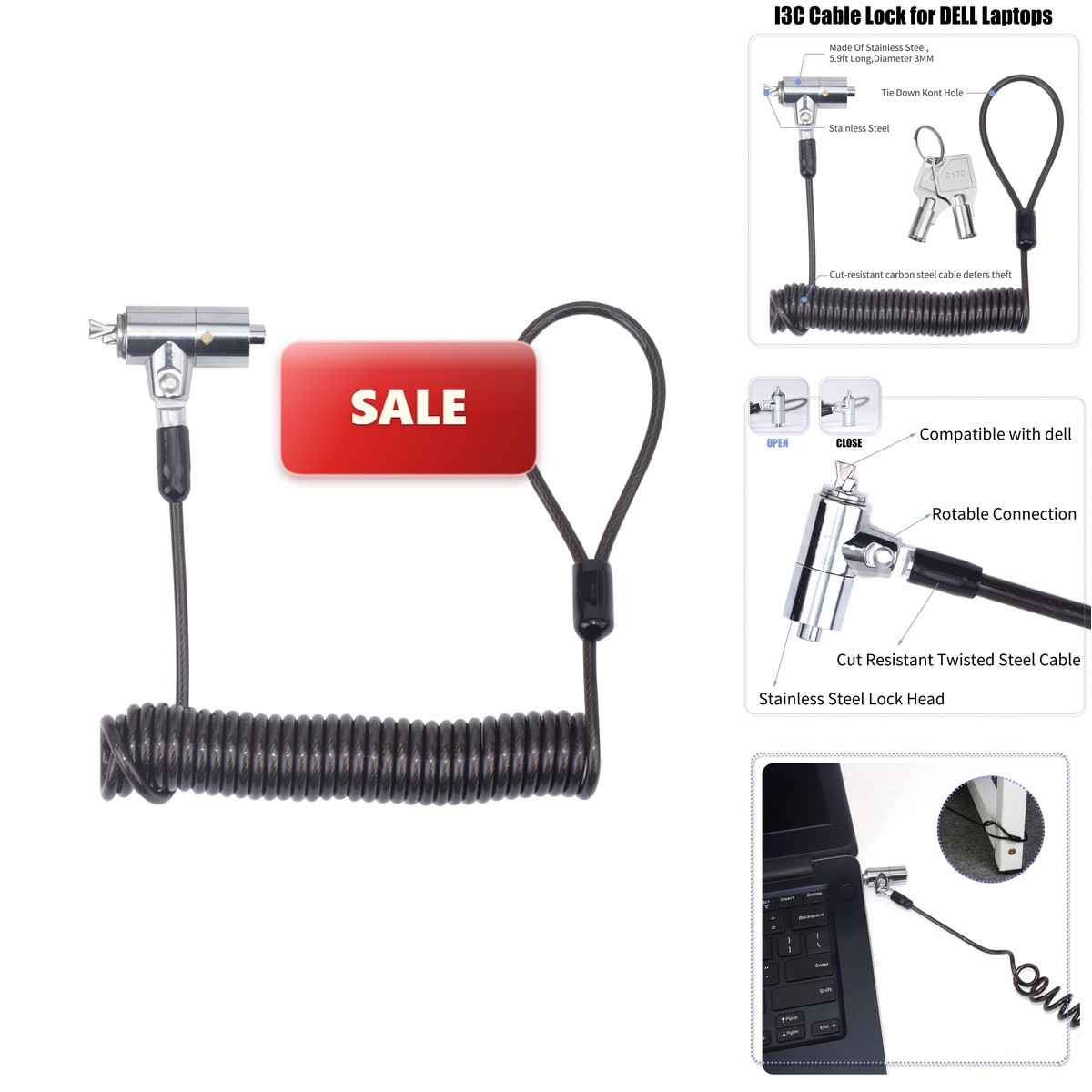 I3C 3.0 Keyed Laptop Lock Cable 5.9FT Wedge Type Slot (6x2.5mm)