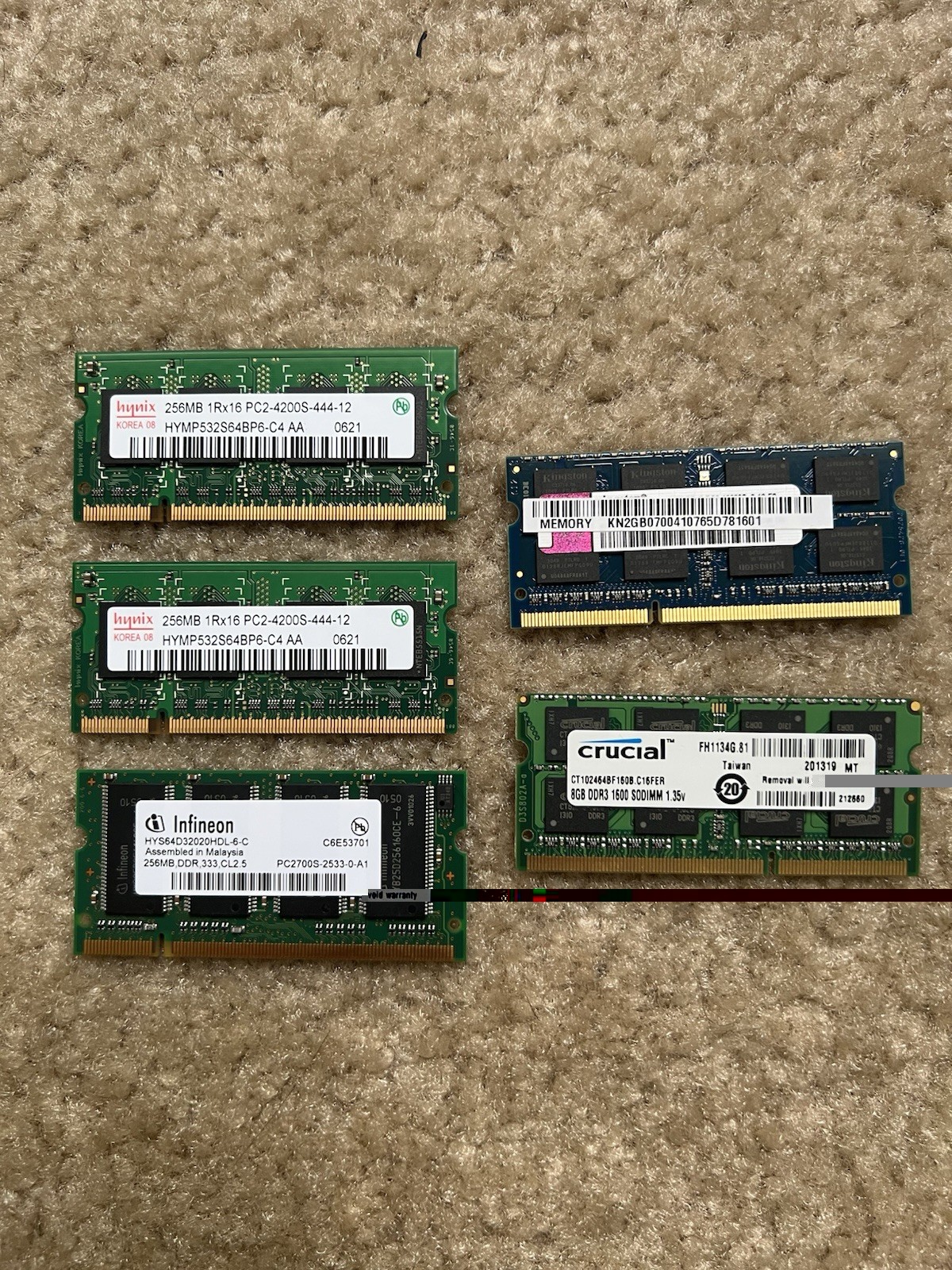 Laptop RAM Memory Lot Of 5, Crucial 8GB DDR3, Kingston, Hynix 256MB, Infineon