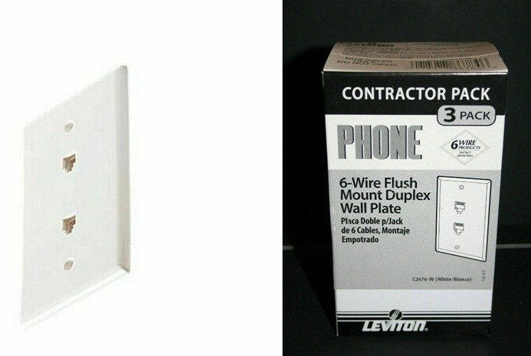 Leviton C2676-W 6-Wire Flush Mount Double Phone Jack Wall Plate, White, 3 PACK