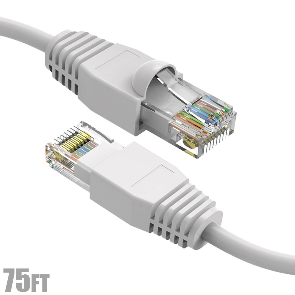 75FT Cat6A RJ45 Network LAN Ethernet Cable UTP Copper Wire Gold 24AWG White