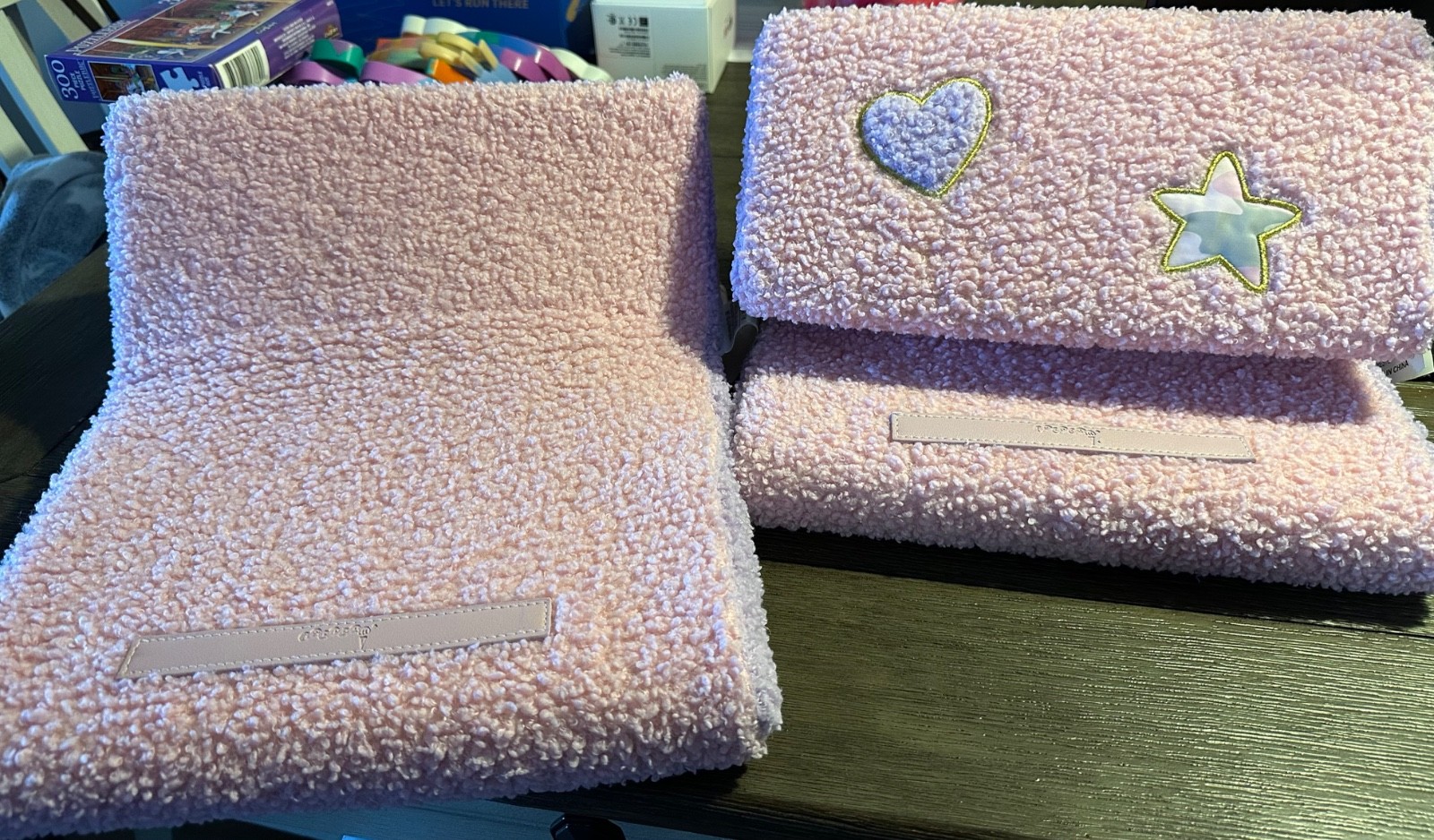 Kids Plush Tablet Holder Pillow Stand - Pink Boucle Heart & Star, Sherpa
