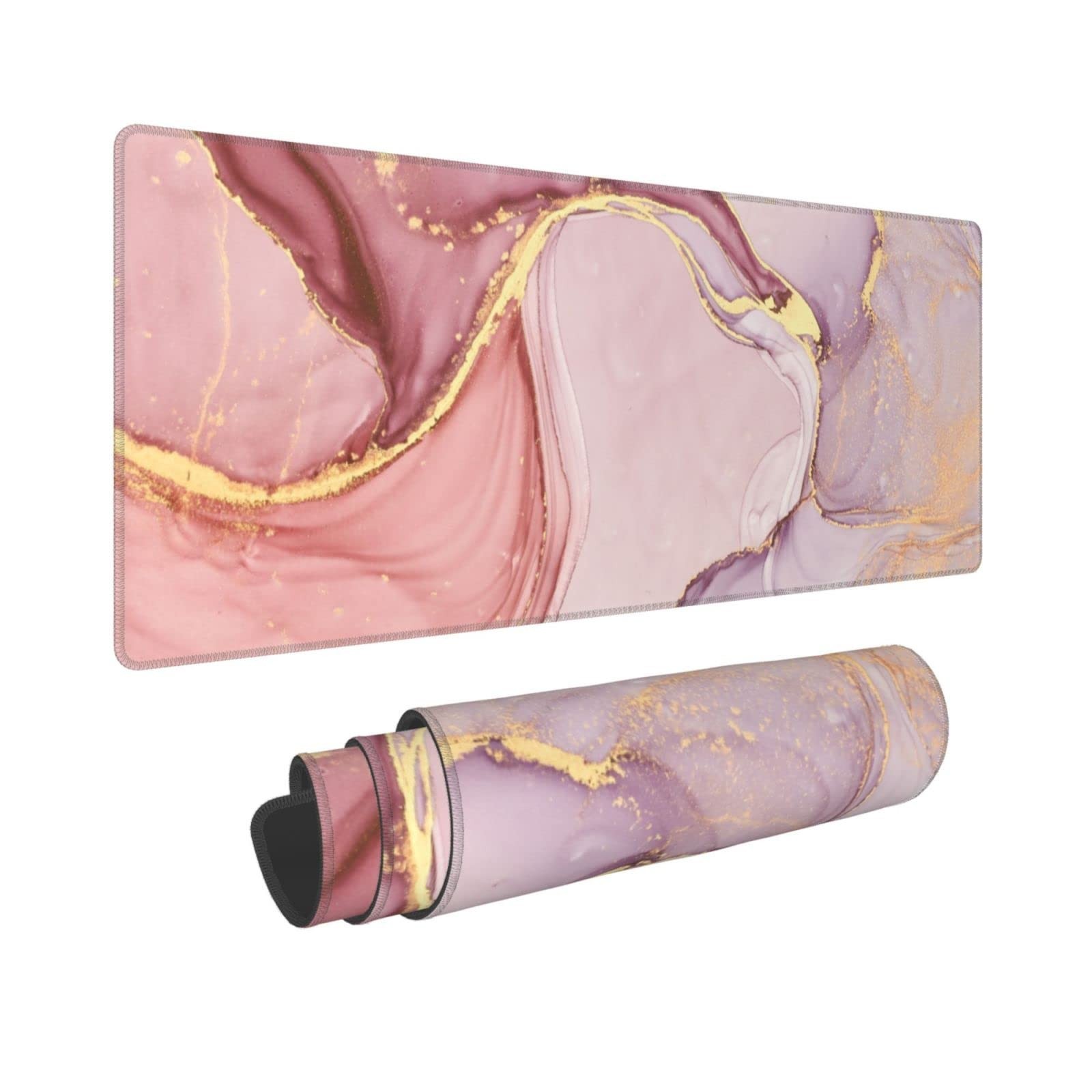 Large Rose Gold Marble Mouse Pad - Non-Slip Rubber Base, 31.5x11.8 Inch, Stitche