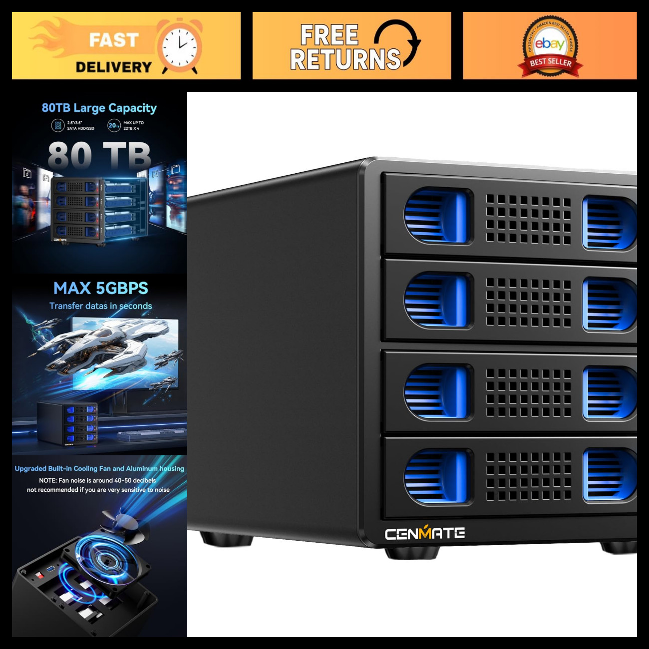 Aluminum 2-Bay Hard Drive RAID Enclosure with Cooling Fan, USB A/C 3.0, Tool-Fre
