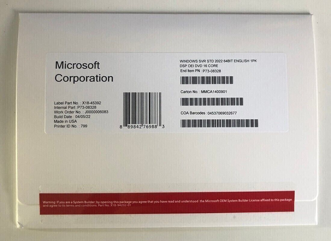 New Microsoft Windows Server 2022 Standard 64-bit License & DVD 16 Core Sealed