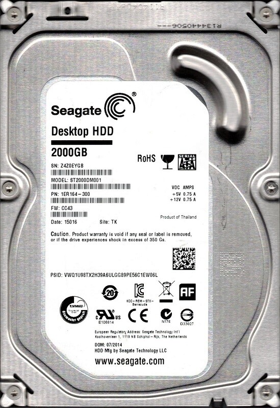 ST2000DM001 P/N: 1ER164-300 F/W: CC43 TK Seagate 2TB Z4Z