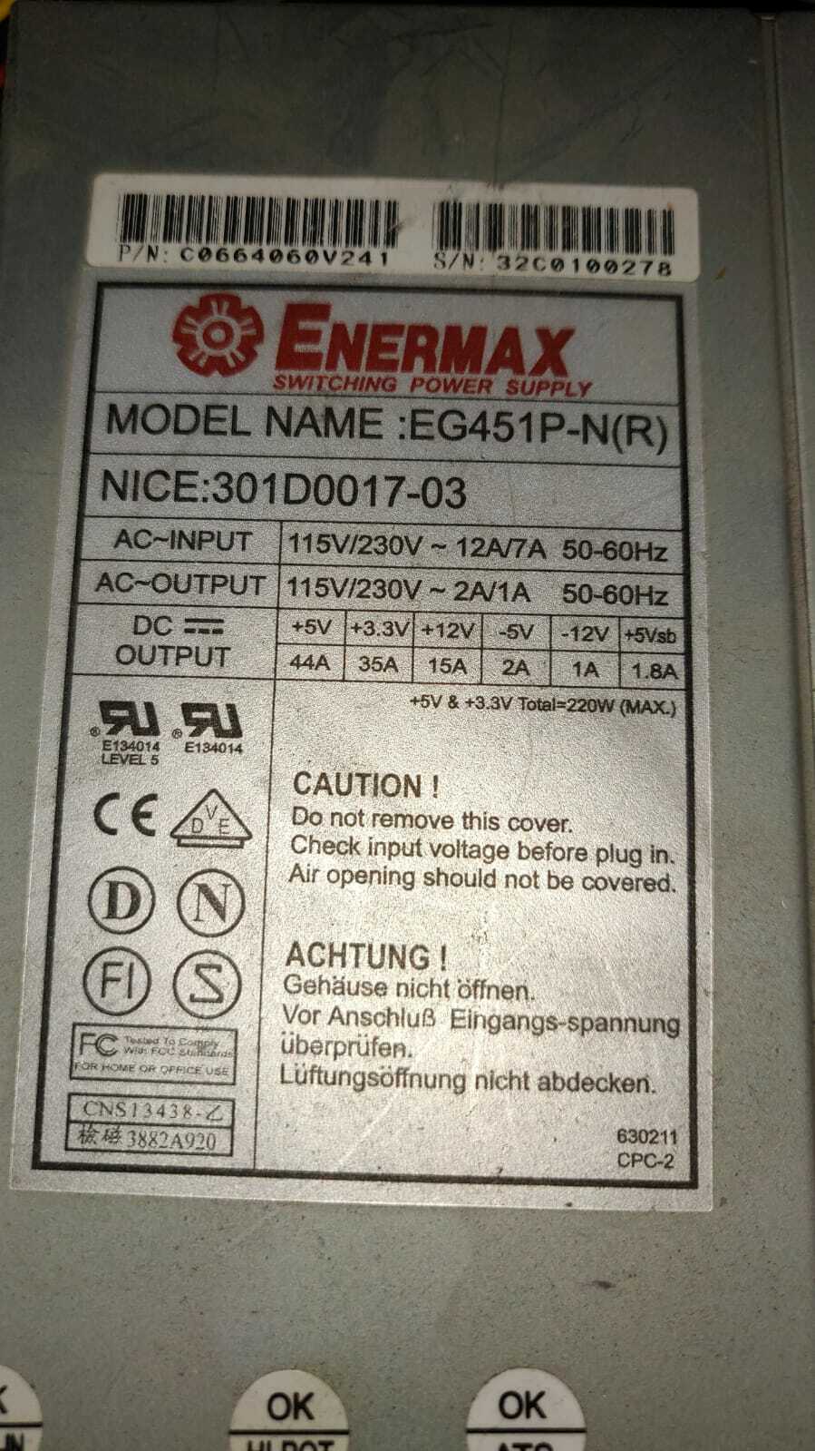 ENERMAX EG451P-N(R) 220 Watt AC Power Supply