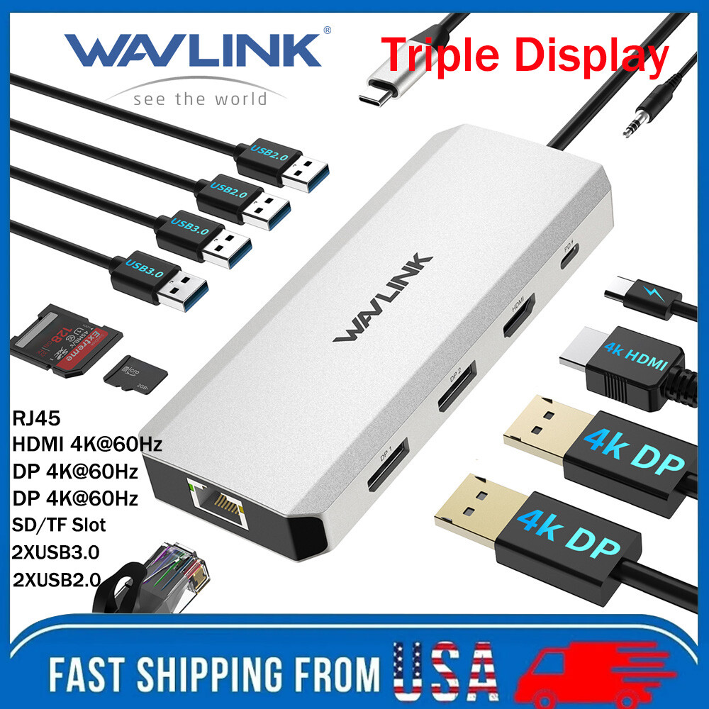 WAVLINK USB C Hub Triple Monitor Laptop Docking Station 4K HDMI Dual DP 100W PD
