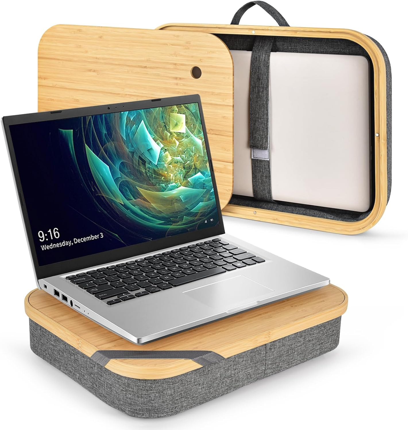 Bamboo Laptop Lap Desk with Storage, Removable Cover, Gray