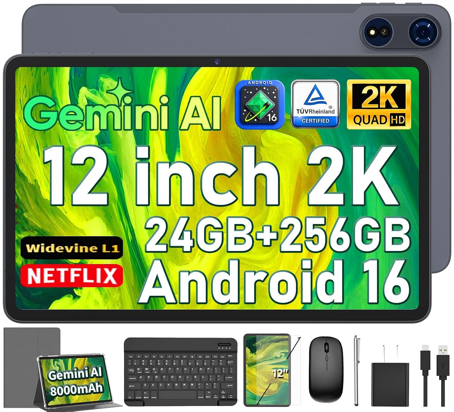 Android 16 Tablet with Keyboard - 12 inch Tablet with 26GB+256GB+2TB Expand