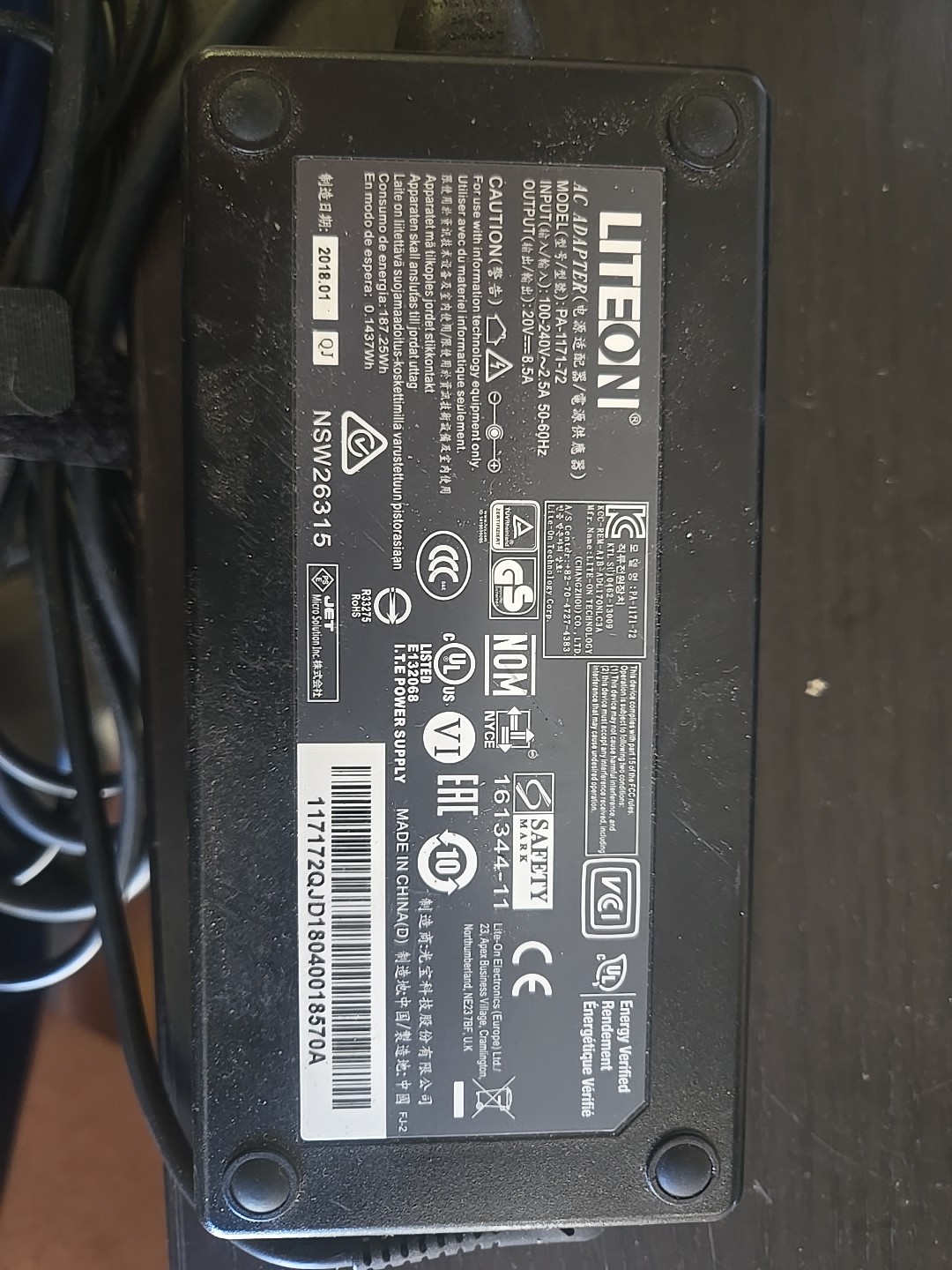 Genuine Slim LITEON 20V 8.5A 170W 7.4mm*5.0mm Pin PA-1171-72 NSW26315 AC Adapter