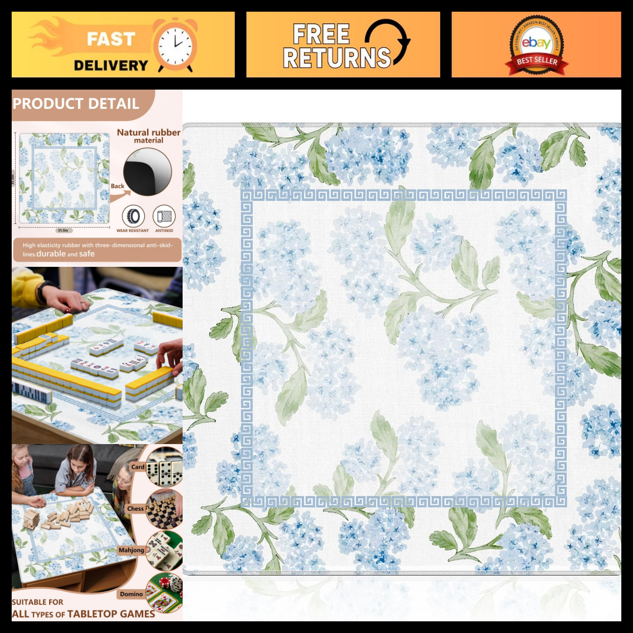Blue Hydrangea Floral Mahjong Mat 31.5"x31.5" - Non-Slip Gaming Mat for Poker, C