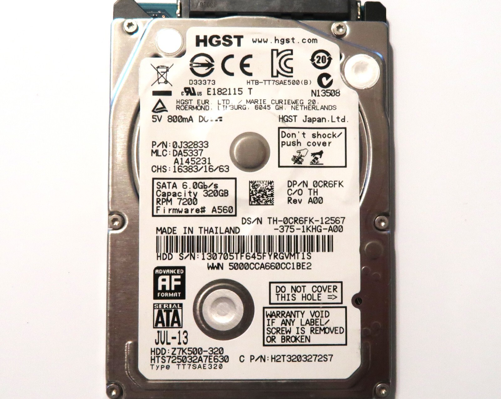 Hitachi HTS725032A7E630 0J32833 DA5337 (1307) Thailand 320gb Sata JUL-13
