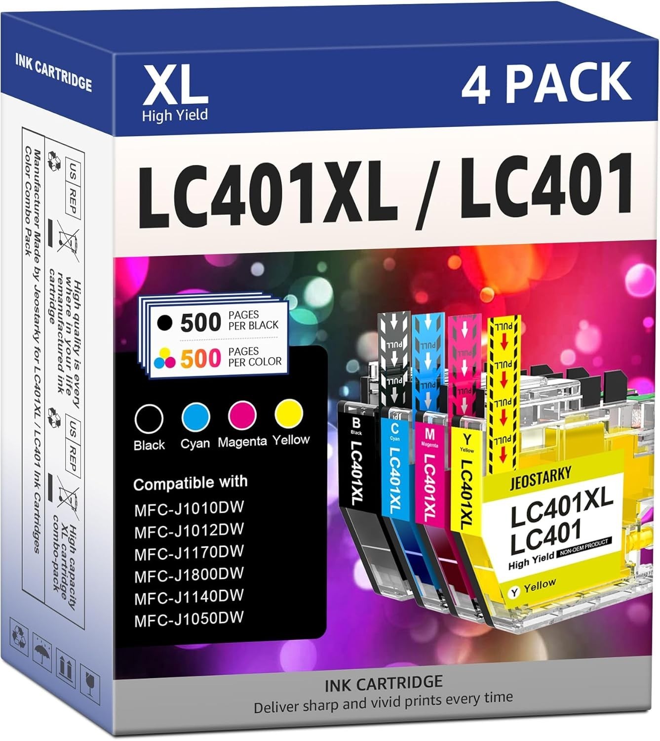 4pk LC401XL LC401 Ink Cartridges for Brother MFC-J1010DW MFC-J1012DW MFC-J1170DW